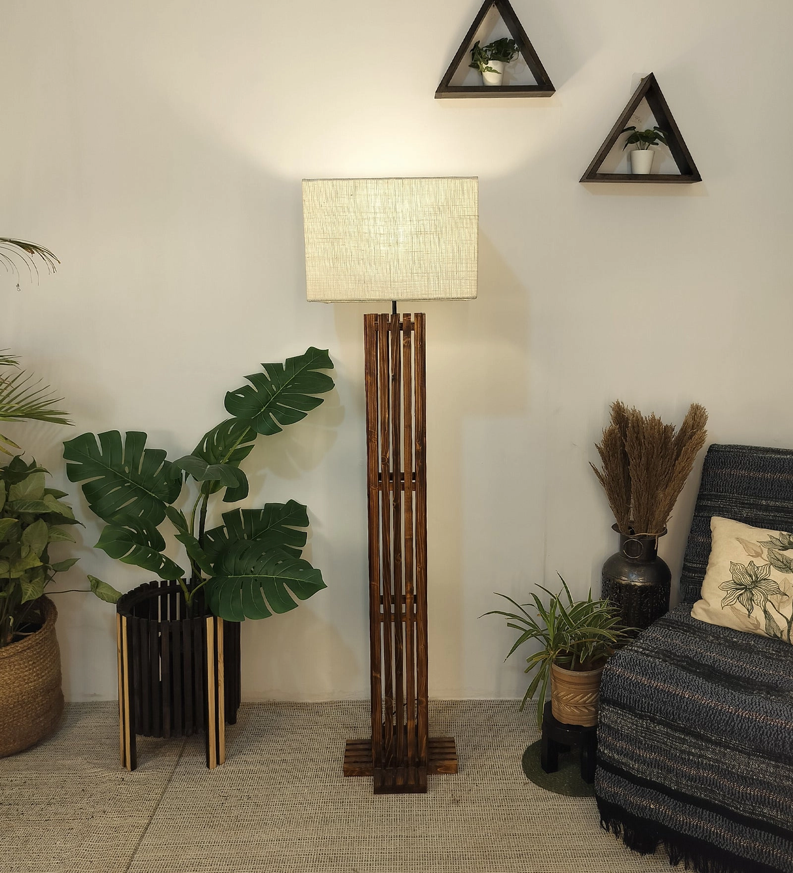 Elegant Wooden Floor Lamp with Brown Base and Beige Fabric Lampshade (BULB NOT INCLUDED) garden LED light