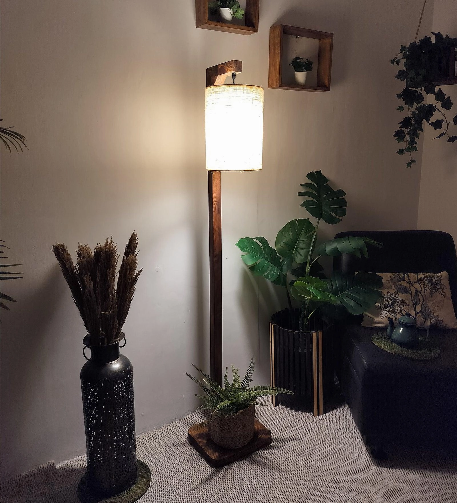 Elementary Wooden Floor Lamp with Brown Base and White Fabric Lampshade (BULB NOT INCLUDED)