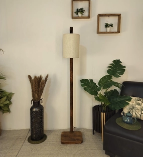 Elementary Wooden Floor Lamp with Brown Base and White Fabric Lampshade (BULB NOT INCLUDED) garden LED light