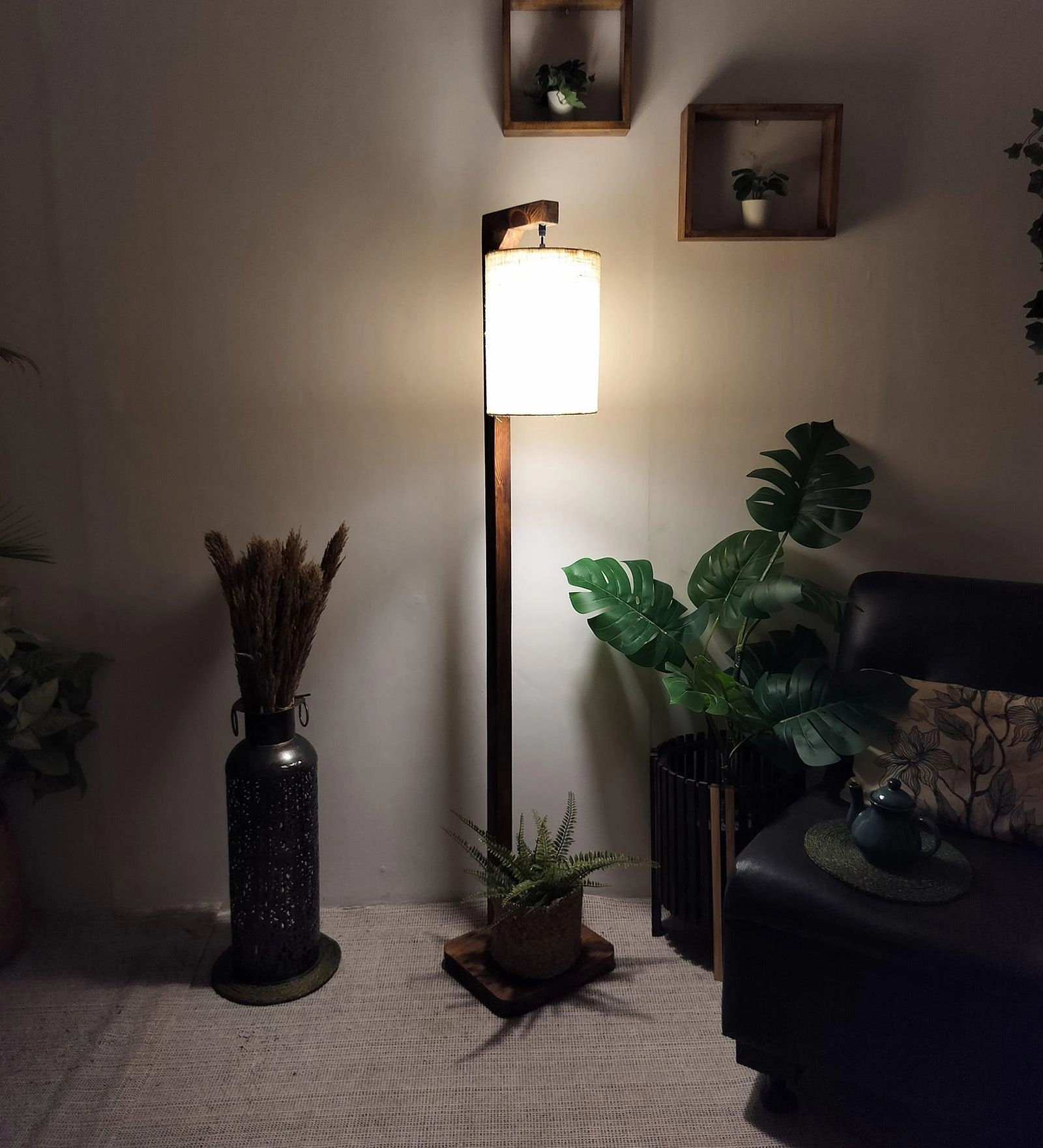 Elementary Wooden Floor Lamp with Brown Base and White Fabric Lampshade (BULB NOT INCLUDED)