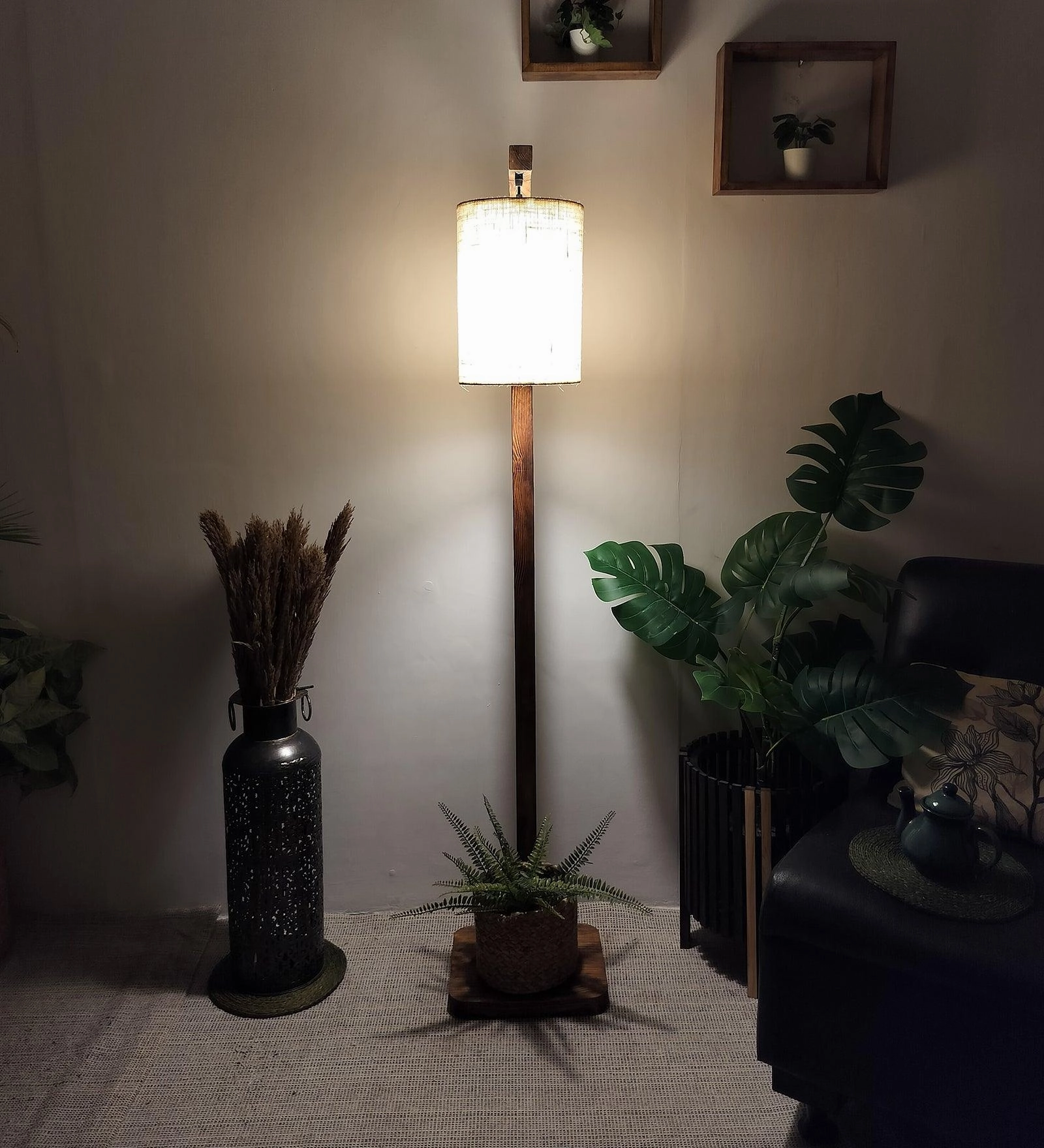 Elementary Wooden Floor Lamp with Brown Base and White Fabric Lampshade (BULB NOT INCLUDED)