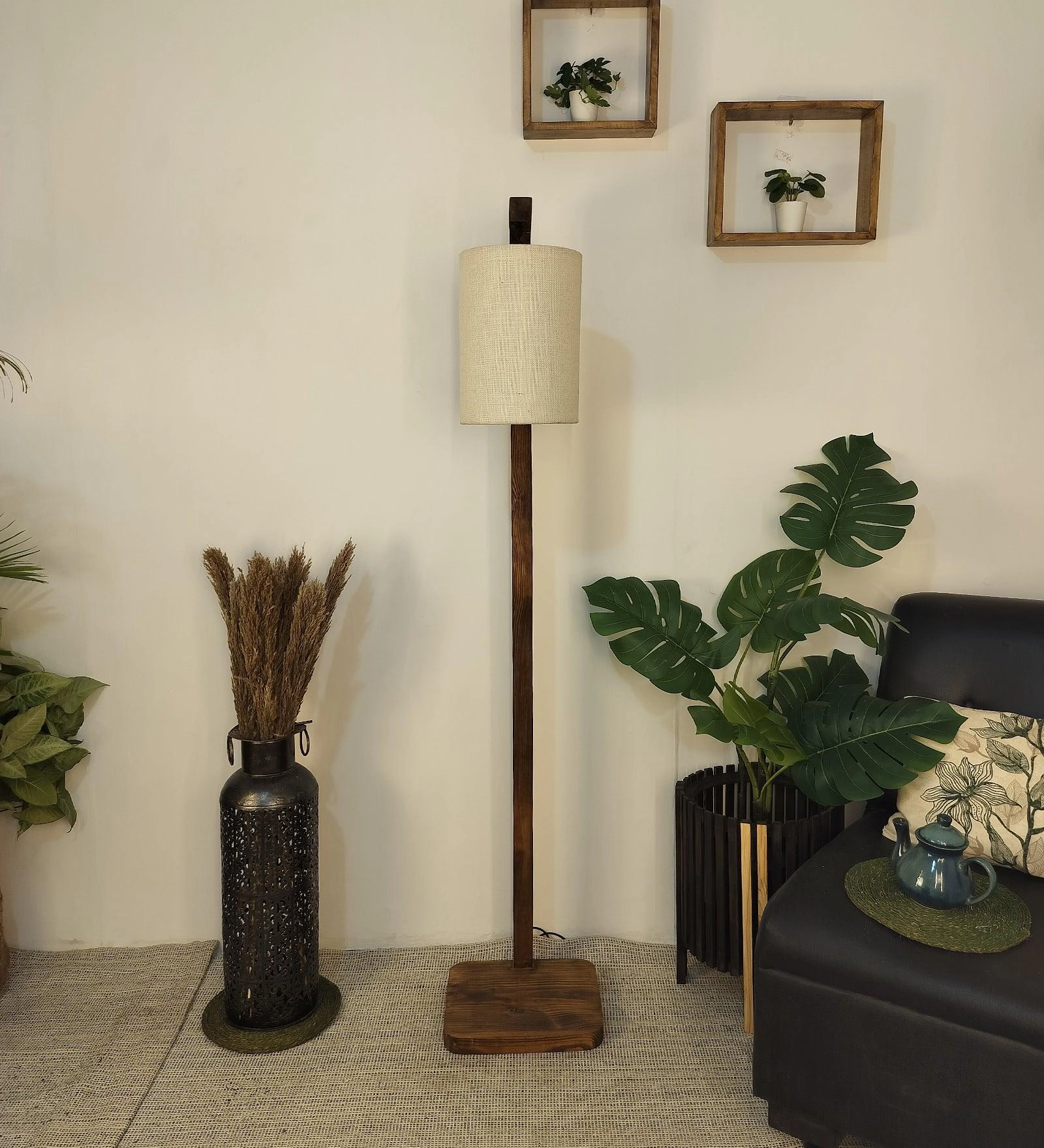 Elementary Wooden Floor Lamp with Brown Base and White Fabric Lampshade (BULB NOT INCLUDED) garden LED light