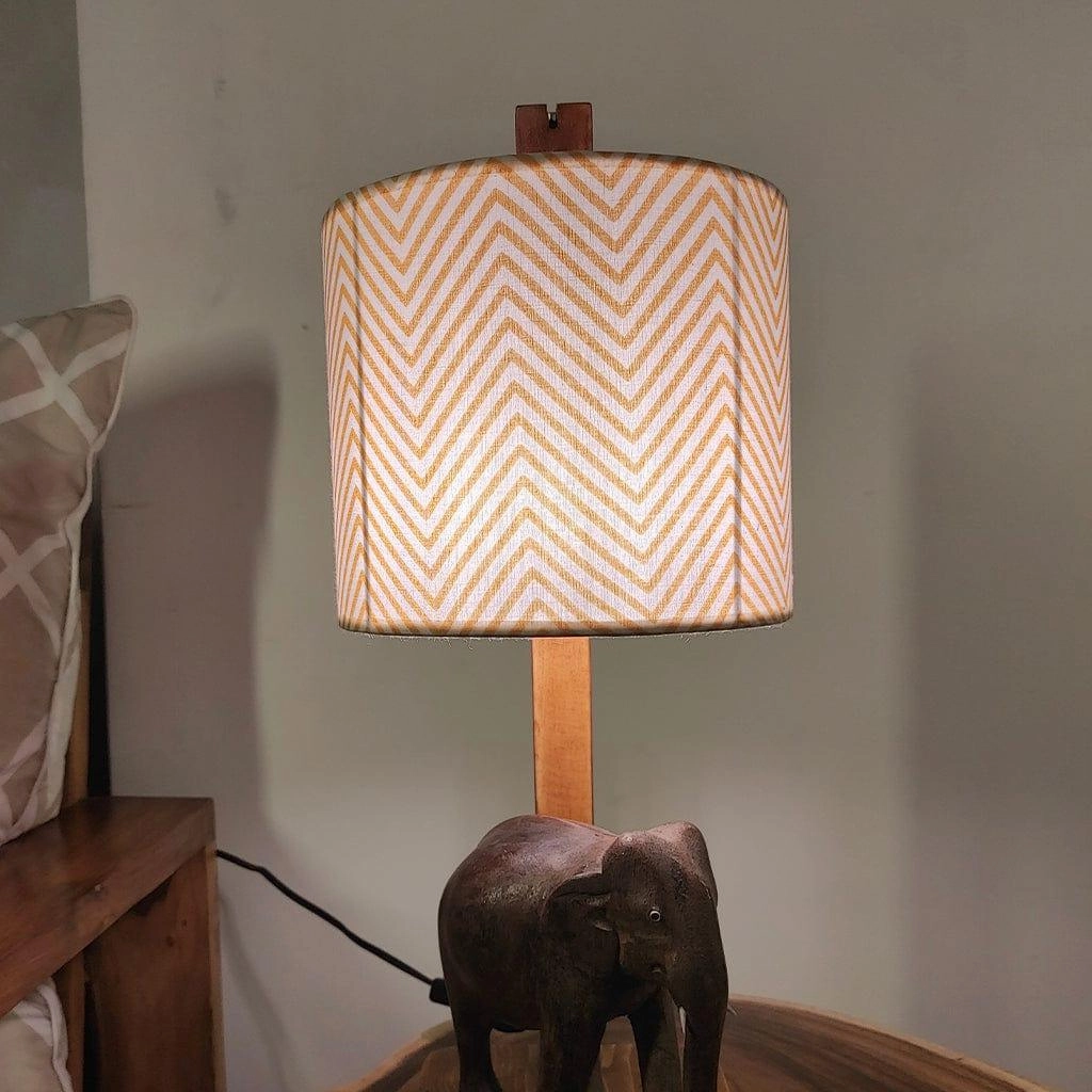 Elementary Wooden Table Lamp with Brown Base and Premium Yellow Fabric Lampshade (BULB NOT INCLUDED)