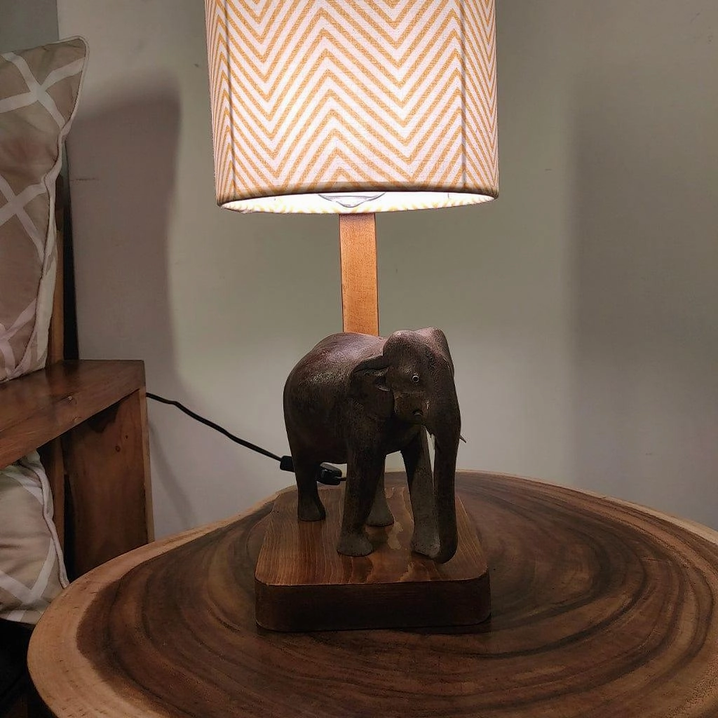 Elementary Wooden Table Lamp with Brown Base and Premium Yellow Fabric Lampshade (BULB NOT INCLUDED)