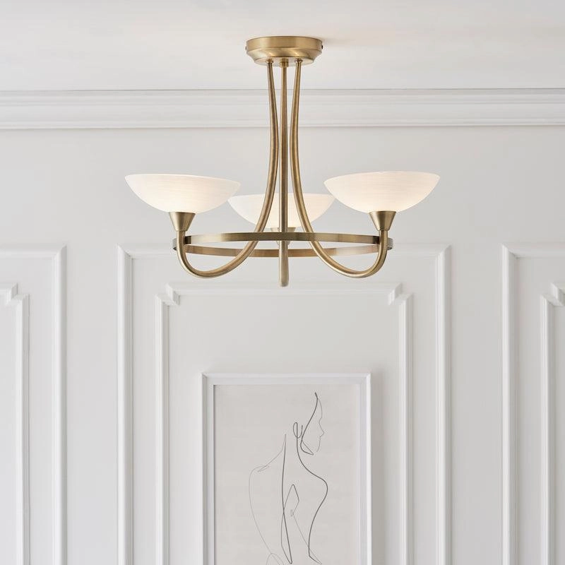 Endon Cagney Brass & White Glass 3 Light Ceiling Semi Flush