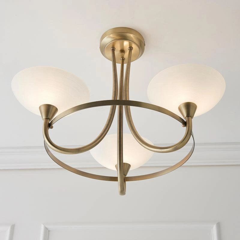 Endon Cagney Brass & White Glass 3 Light Ceiling Semi Flush