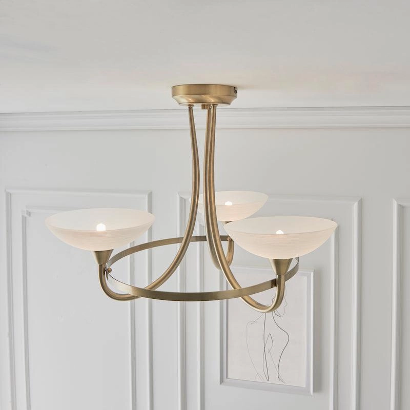 Endon Cagney Brass & White Glass 3 Light Ceiling Semi Flush