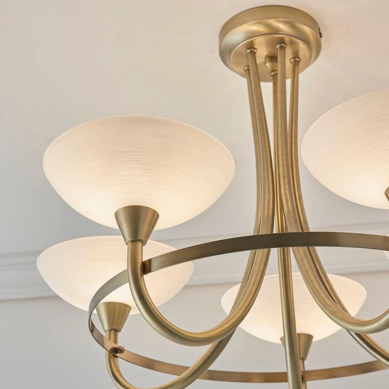 Endon Cagney Brass & White Glass 5 Light Ceiling Semi Flush