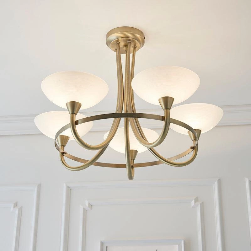 Endon Cagney Brass & White Glass 5 Light Ceiling Semi Flush