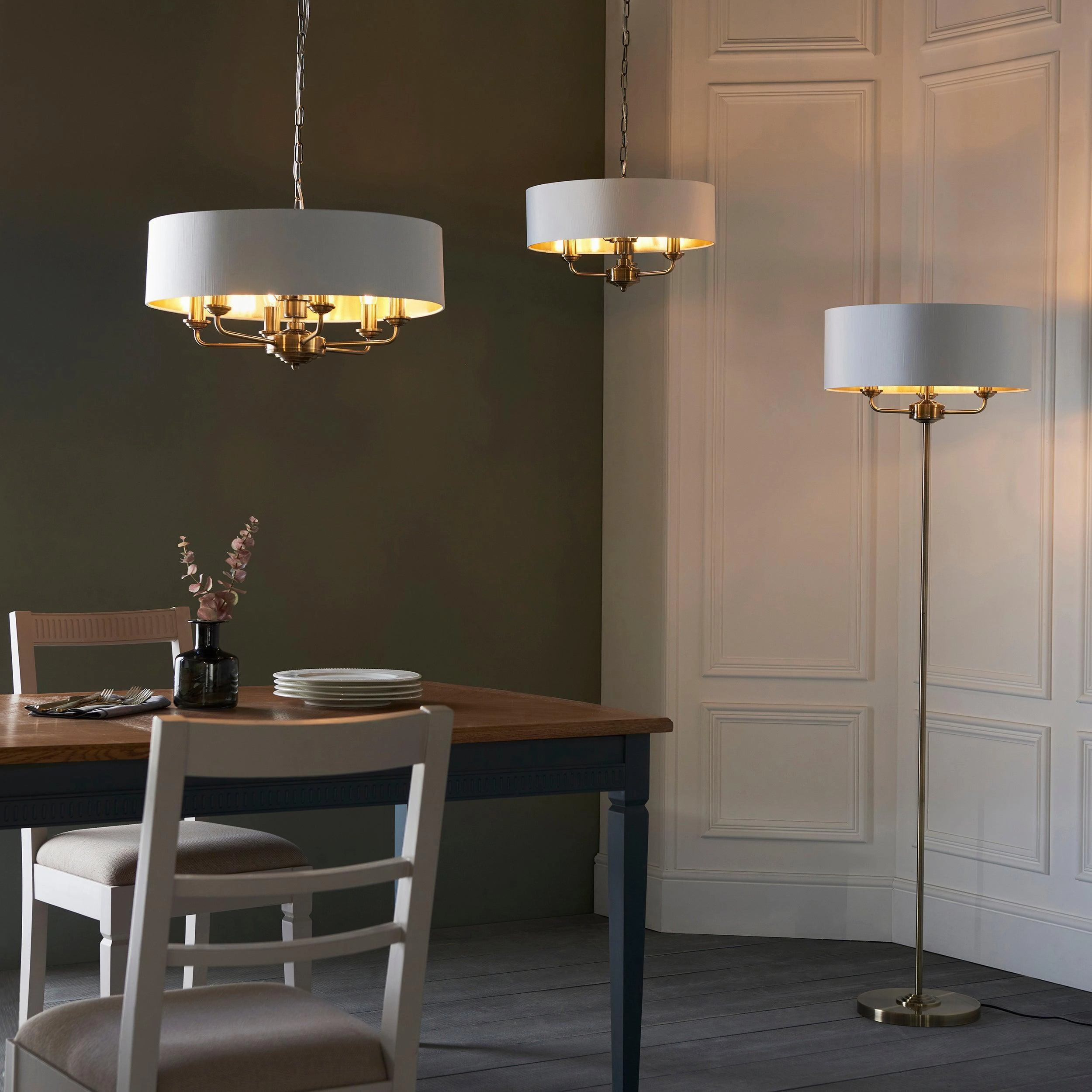 Endon Highclere Antique Brass 3 Light Pendant - White Shade