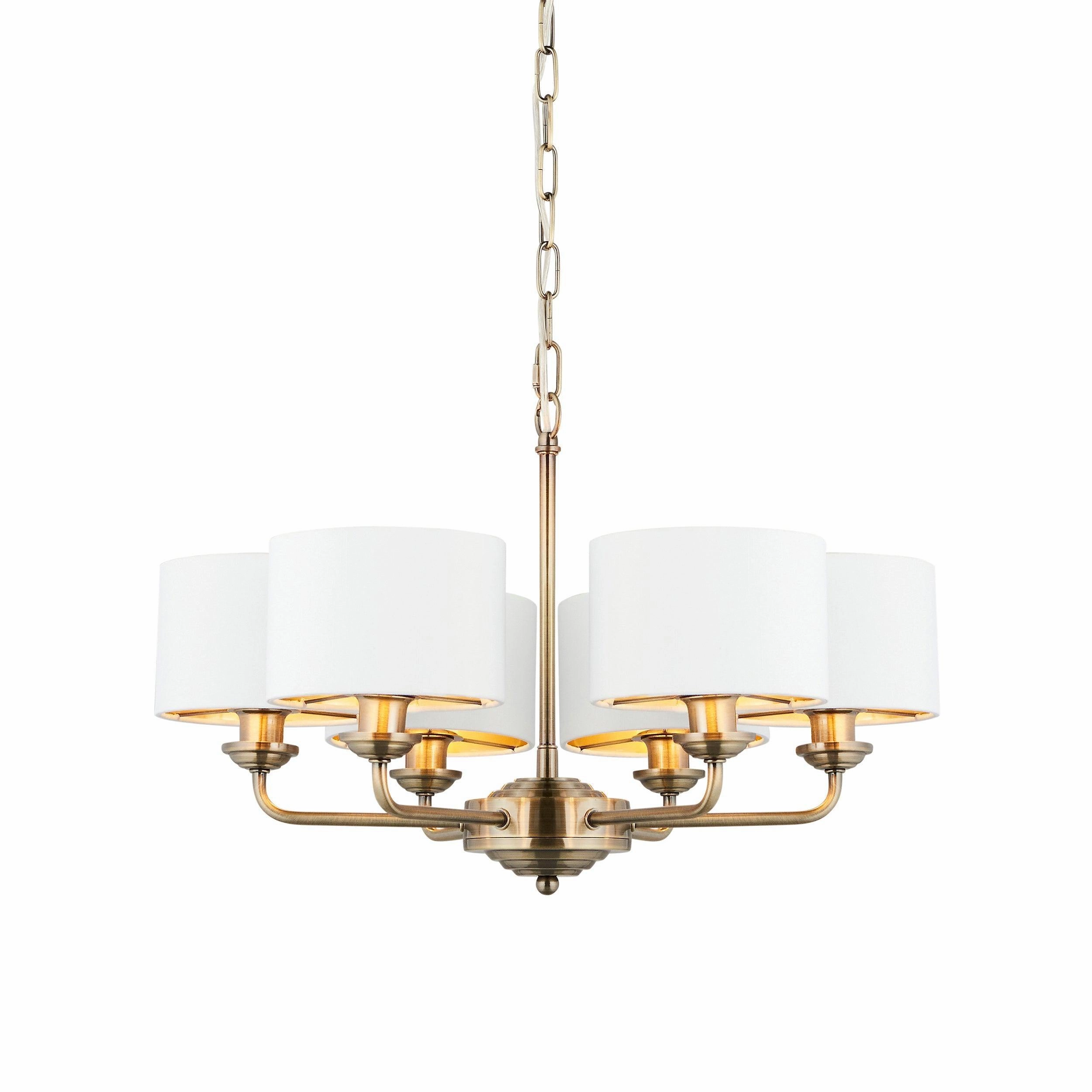 Endon Highclere Antique Brass 6 Arm Pendant - White Shades simple ceiling design light