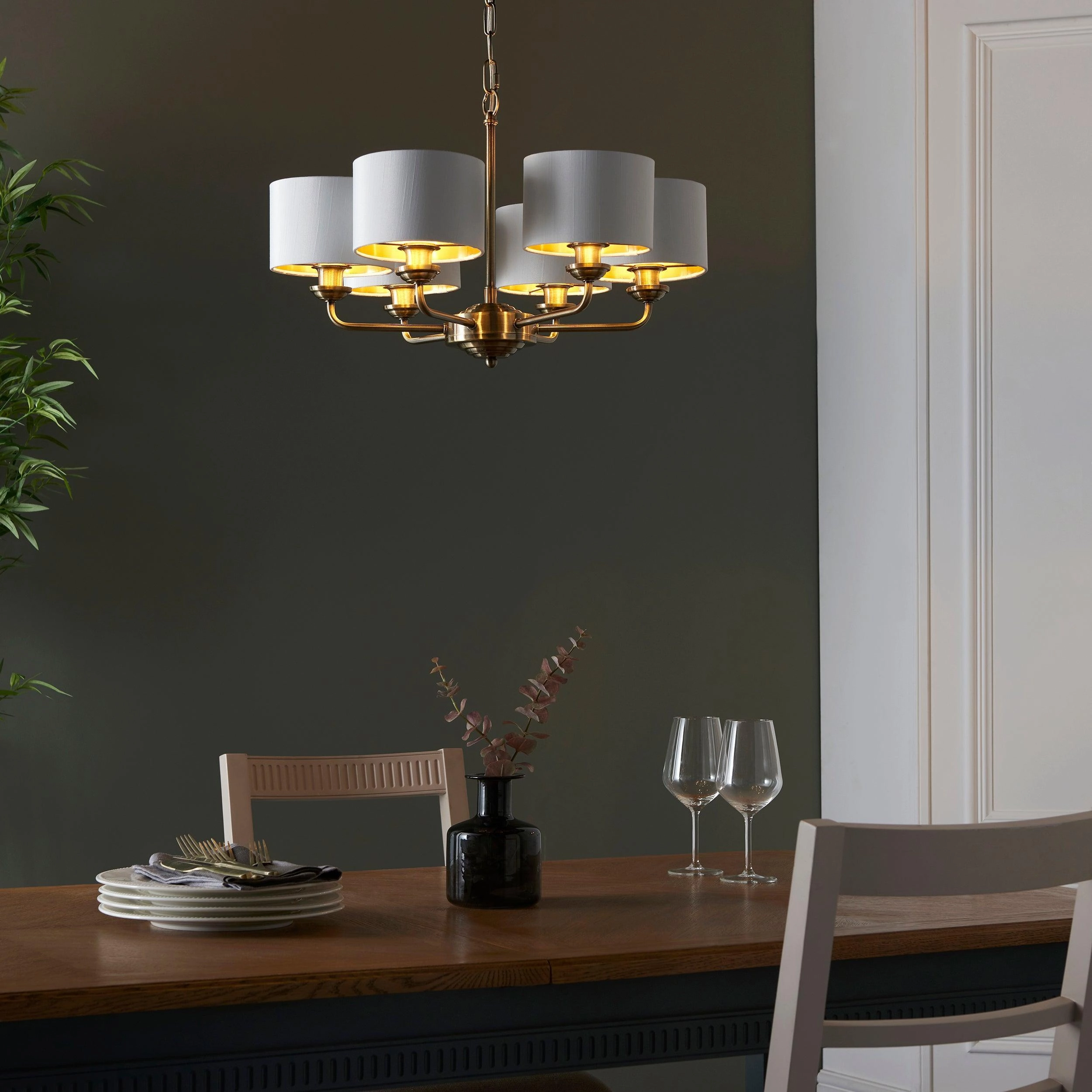 Endon Highclere Antique Brass 6 Arm Pendant - White Shades
