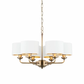 Endon Highclere Antique Brass 6 Arm Pendant - White Shades simple ceiling design light