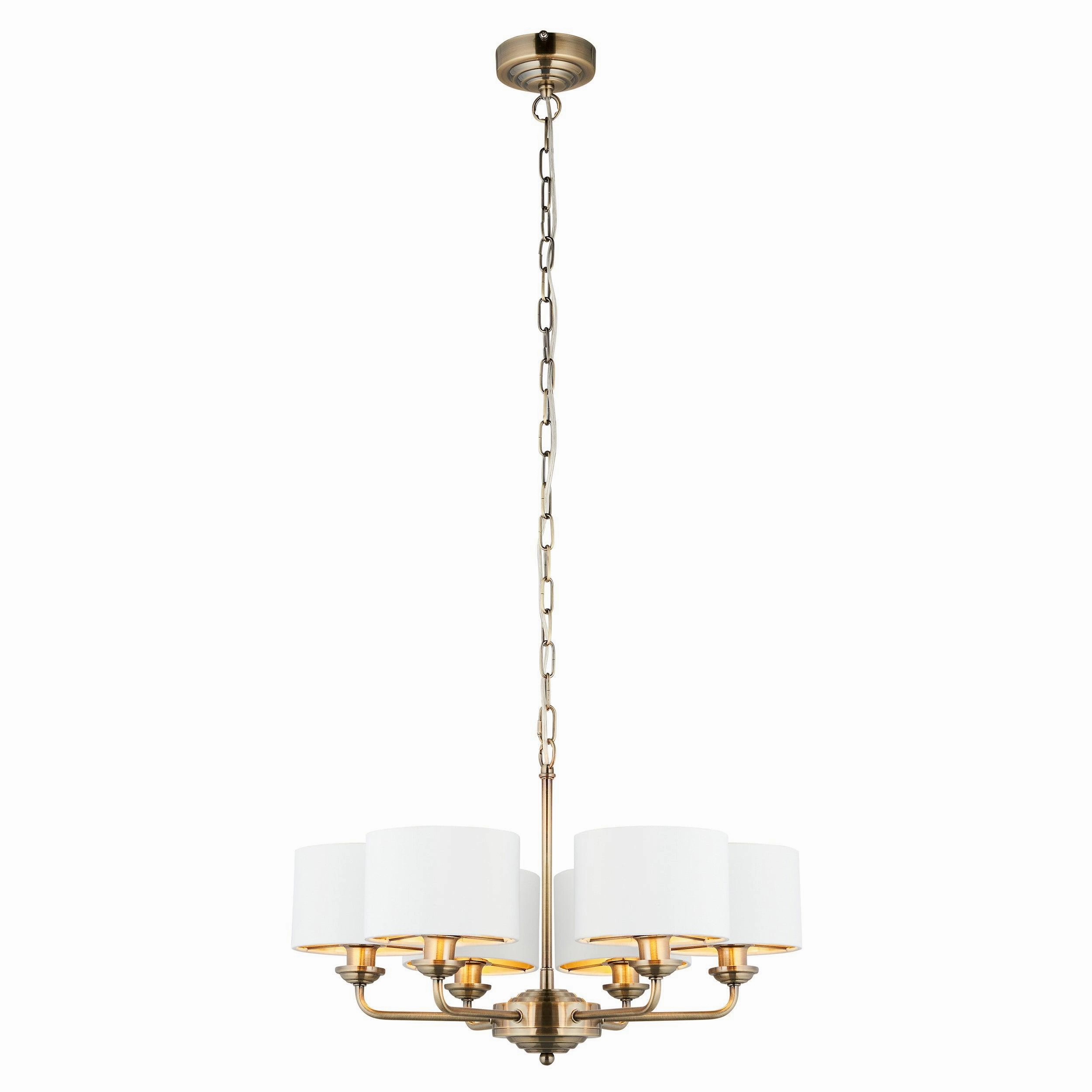Endon Highclere Antique Brass 6 Arm Pendant - White Shades