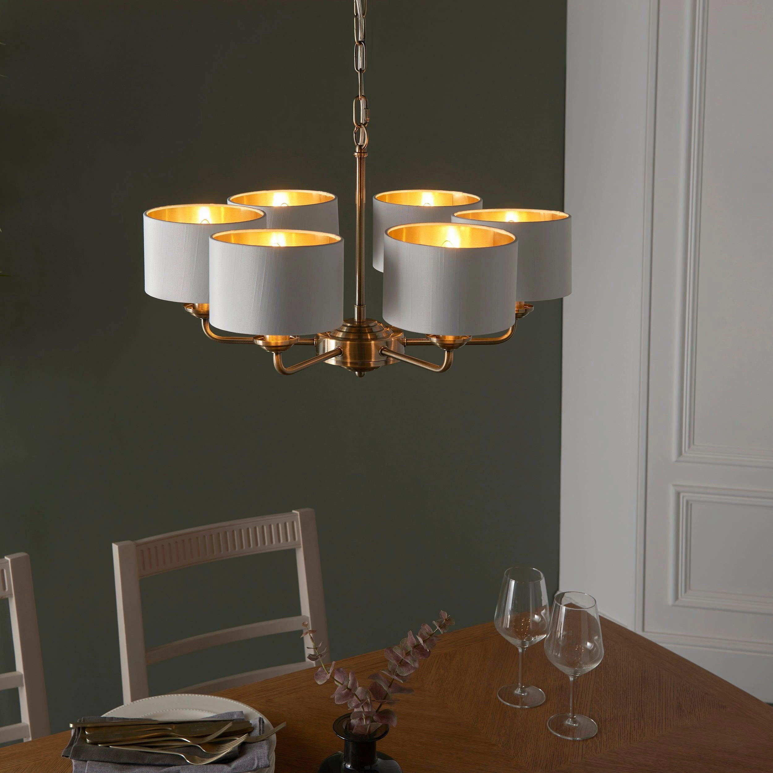 Endon Highclere Antique Brass 6 Arm Pendant - White Shades