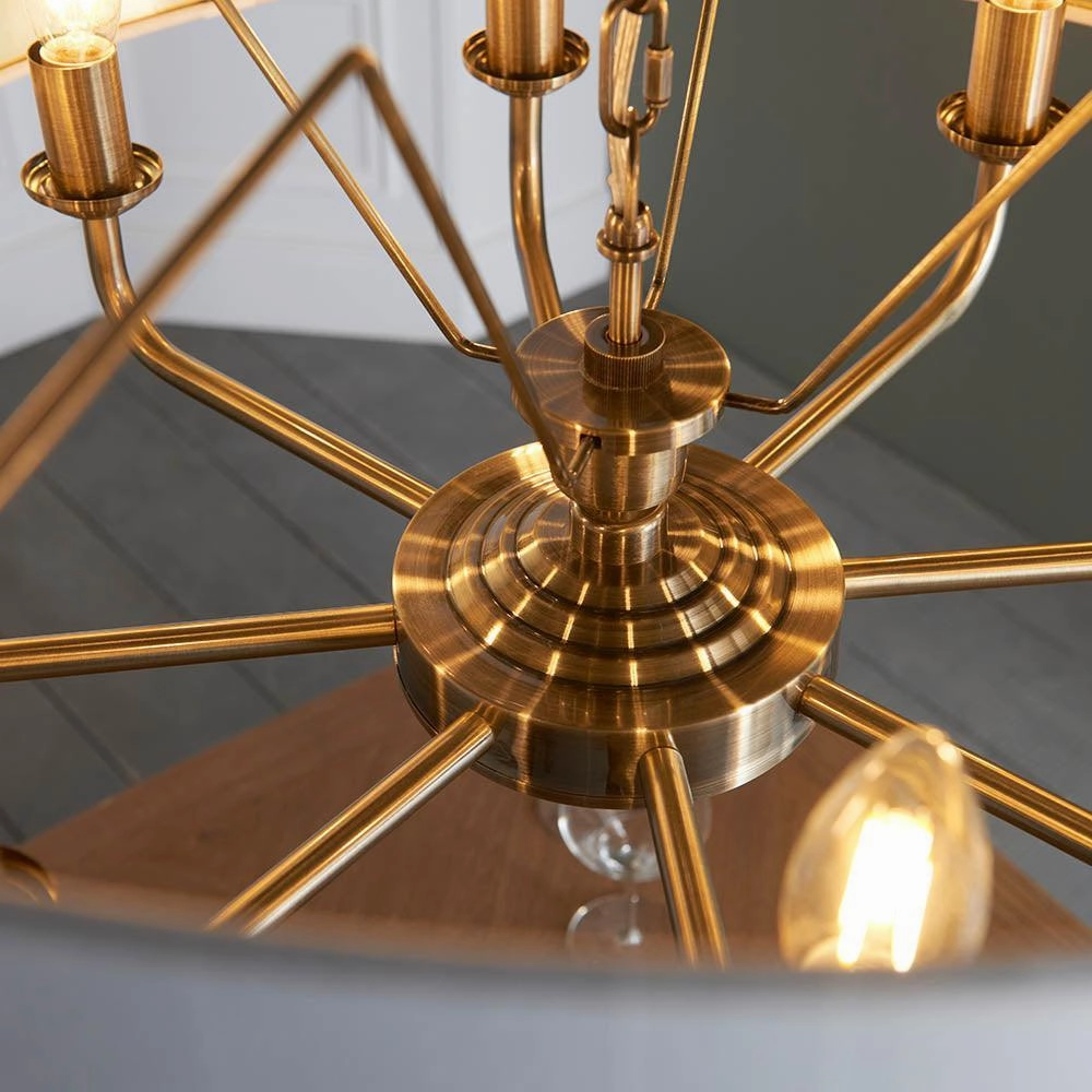 Endon Highclere Antique Brass 8 Light Pendant - White Shade
