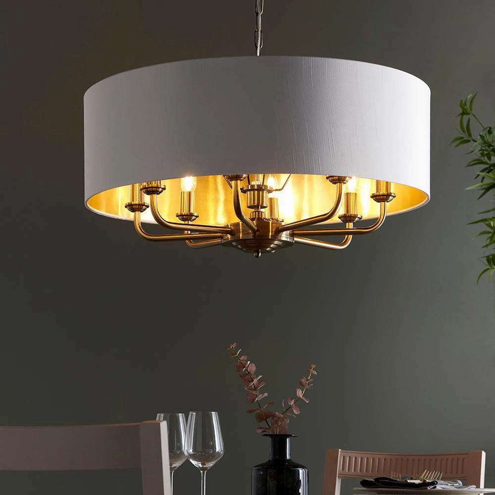 Endon Highclere Antique Brass 8 Light Pendant - White Shade