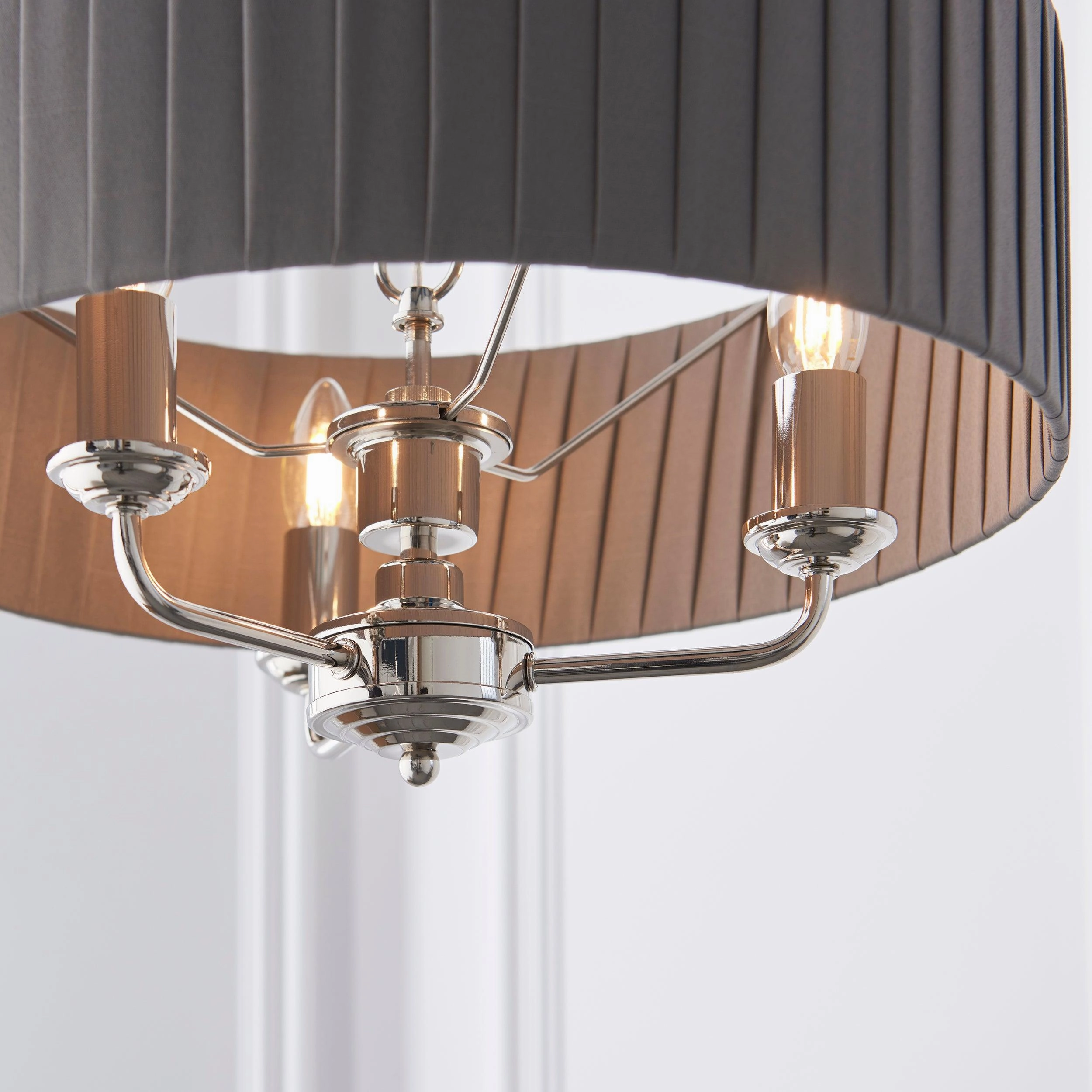 Endon Highclere Bright Nickel 3 Light Pendant - Charcoal Pleated Shade