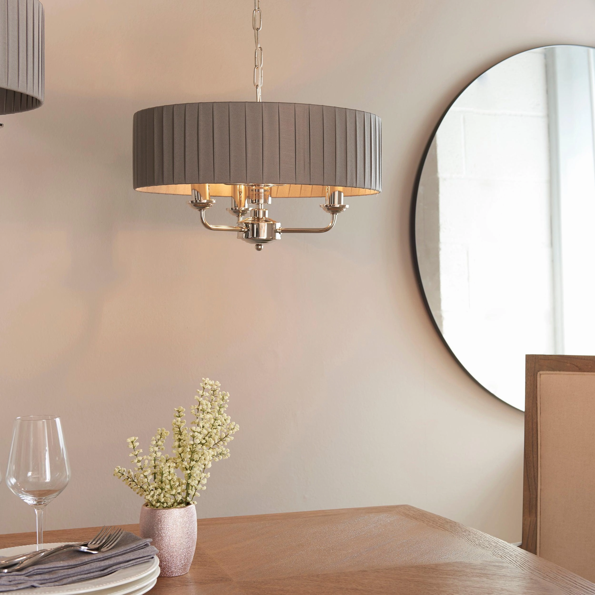 Endon Highclere Bright Nickel 3 Light Pendant - Charcoal Pleated Shade