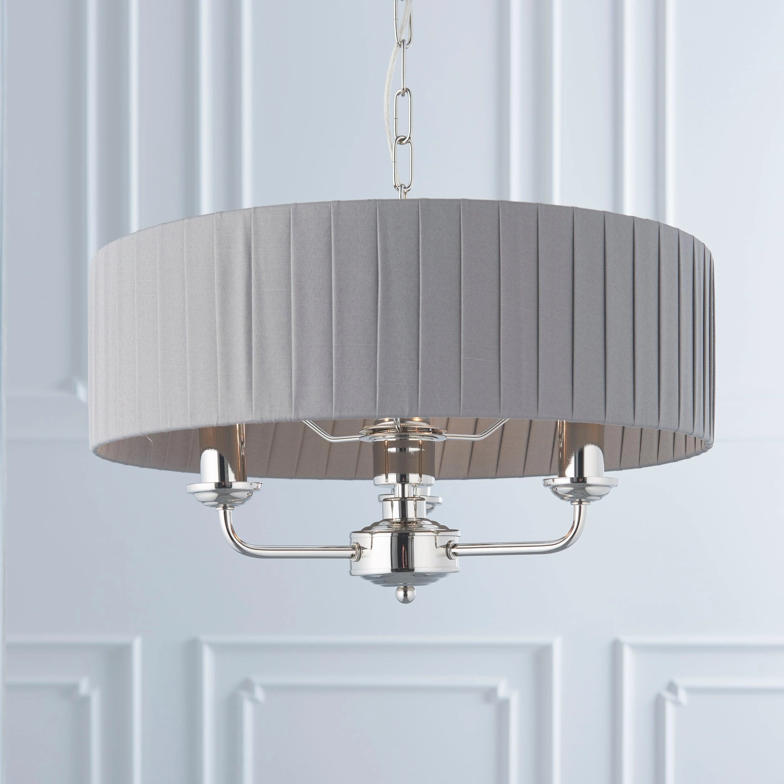 Endon Highclere Bright Nickel 3 Light Pendant - Charcoal Pleated Shade
