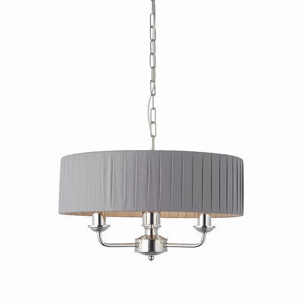 Endon Highclere Bright Nickel 3 Light Pendant - Charcoal Pleated Shade minimalist ceiling light
