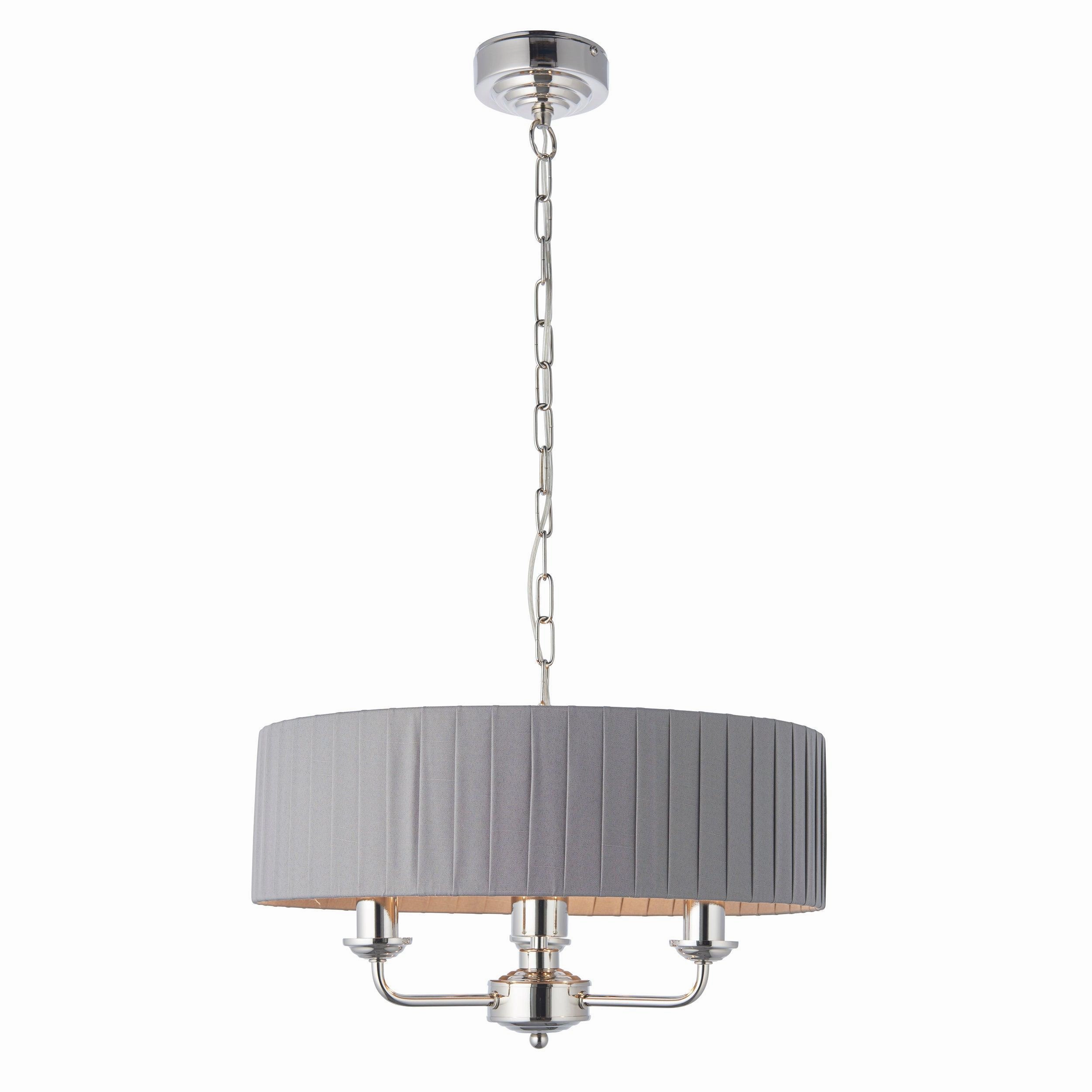 Endon Highclere Bright Nickel 3 Light Pendant - Charcoal Pleated Shade