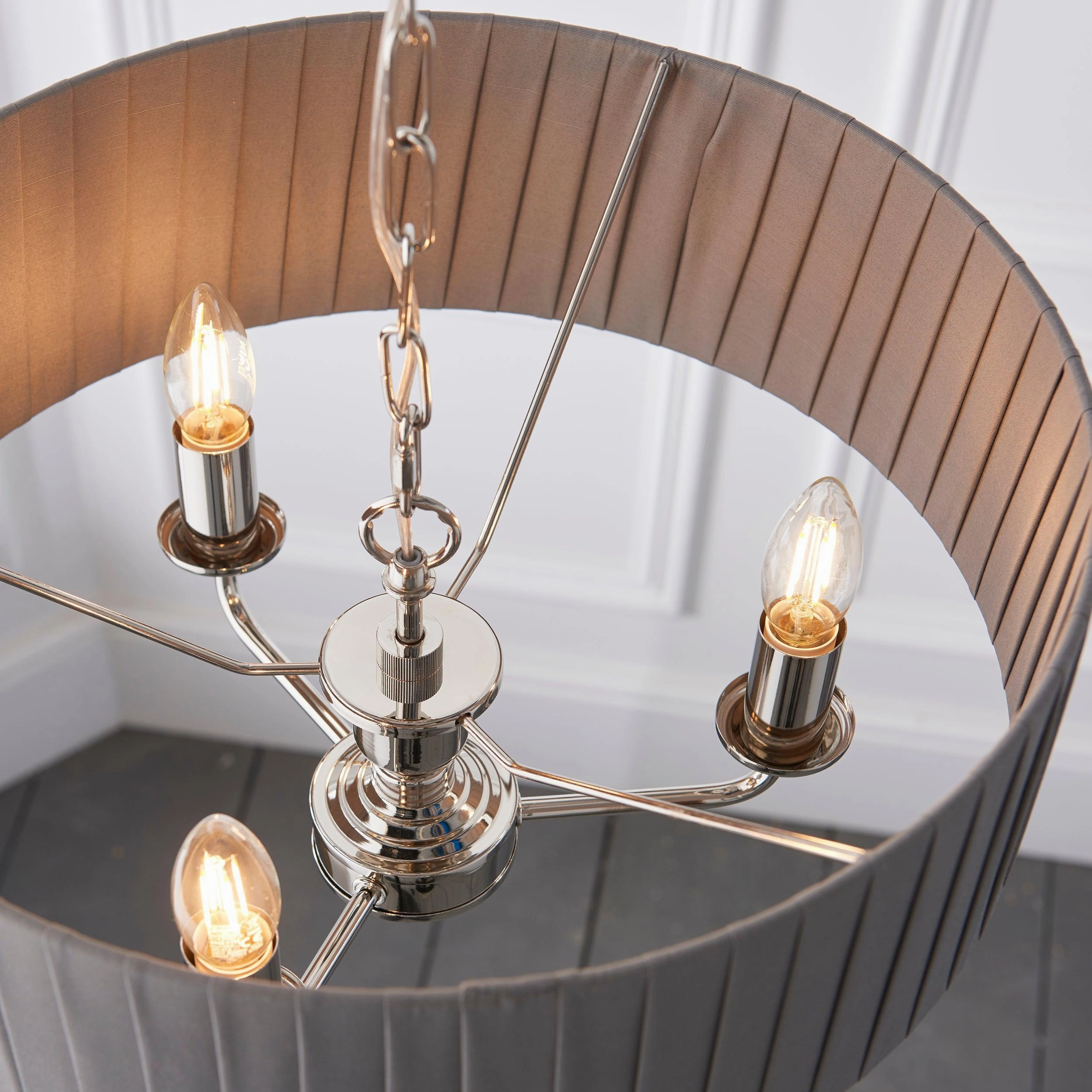 Endon Highclere Bright Nickel 3 Light Pendant - Charcoal Pleated Shade