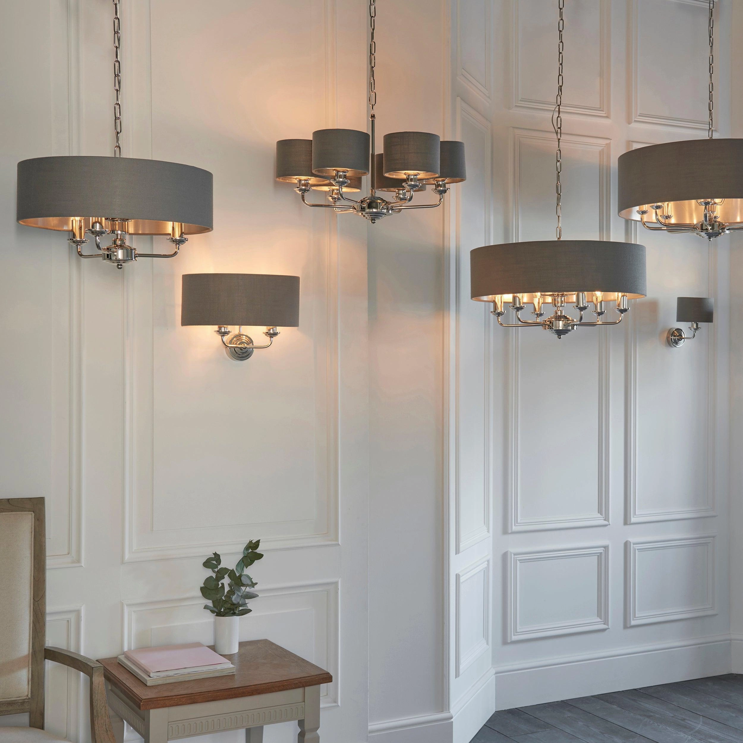 Endon Highclere Bright Nickel 6 Arm Pendant - Charcoal Shades