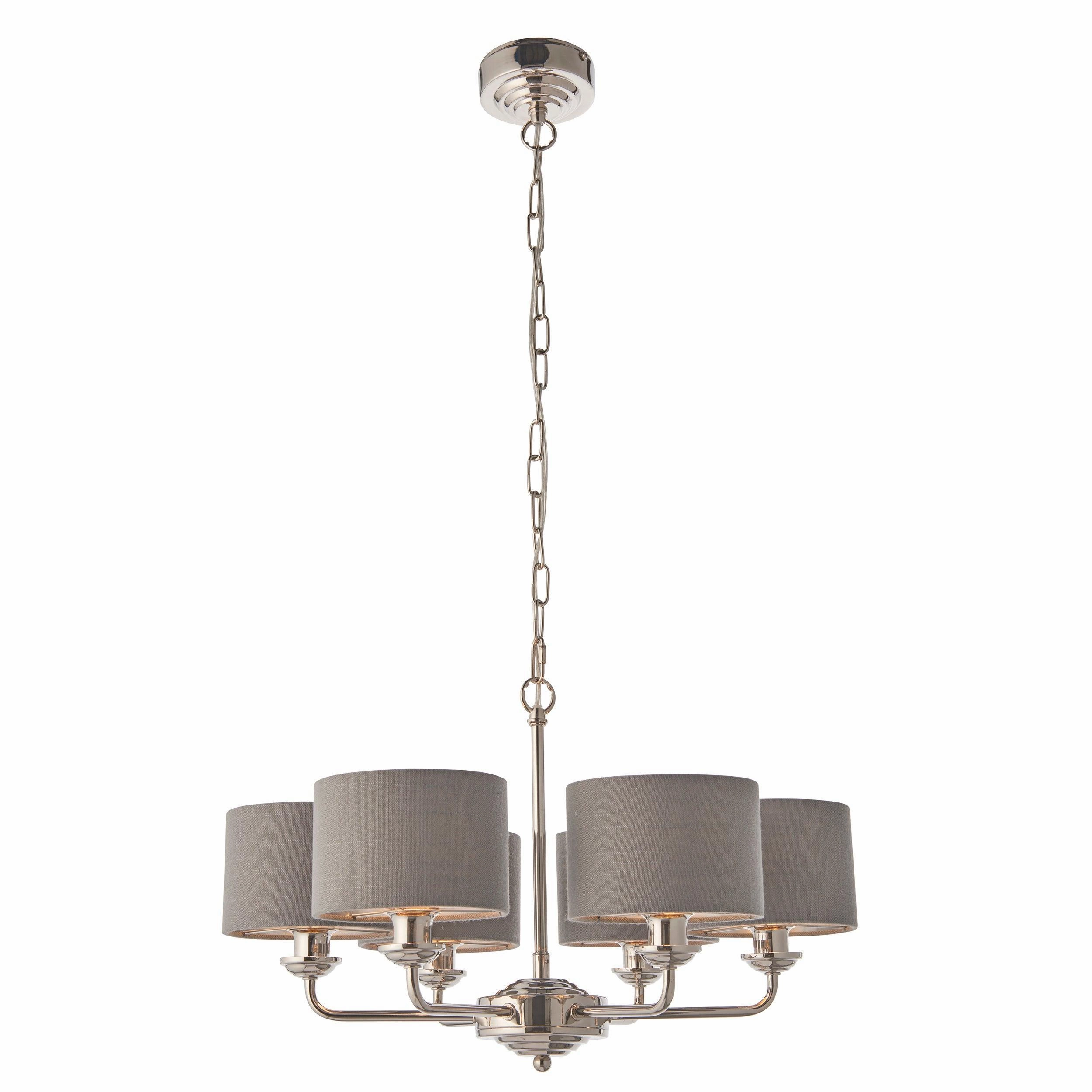 Endon Highclere Bright Nickel 6 Arm Pendant - Charcoal Shades