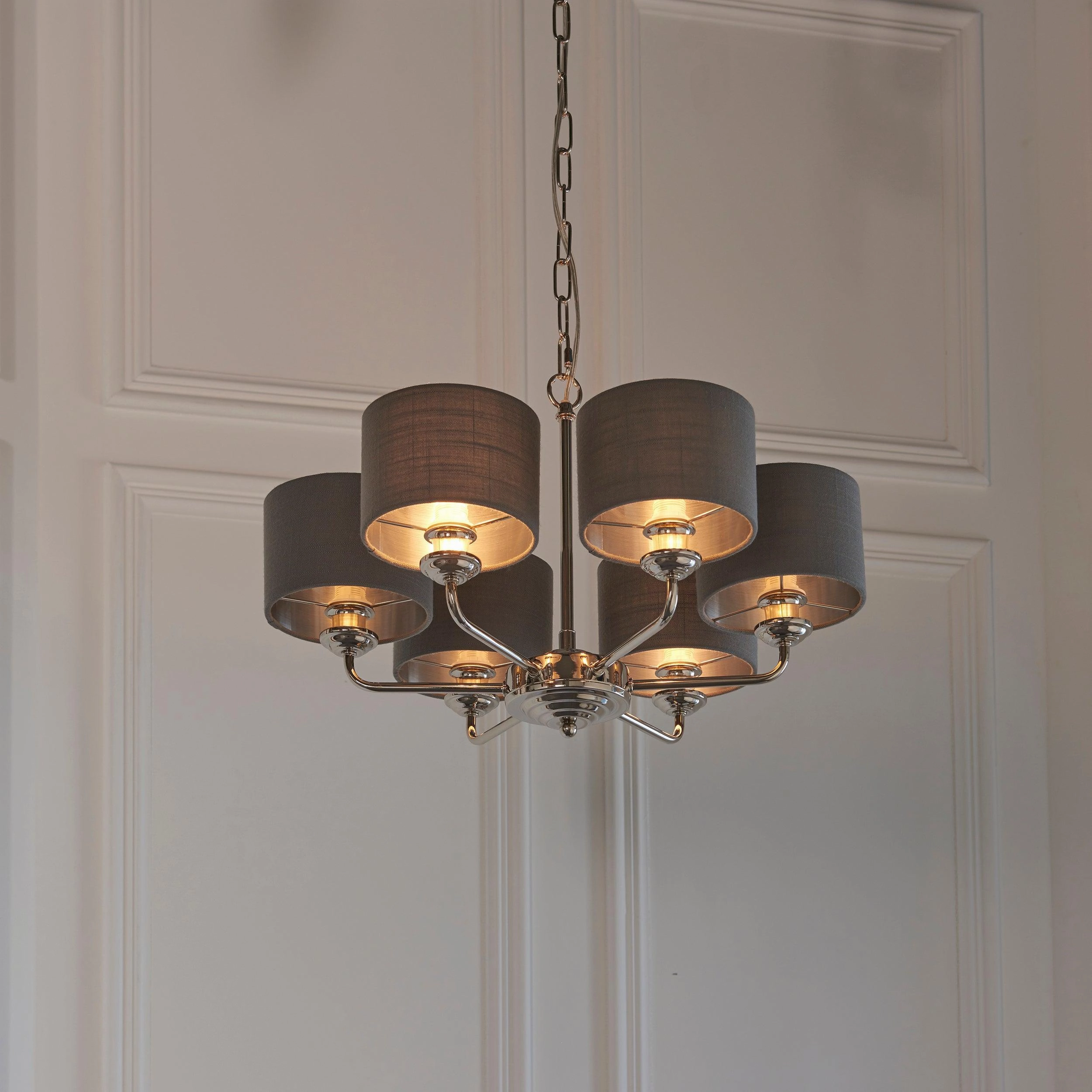 Endon Highclere Bright Nickel 6 Arm Pendant - Charcoal Shades