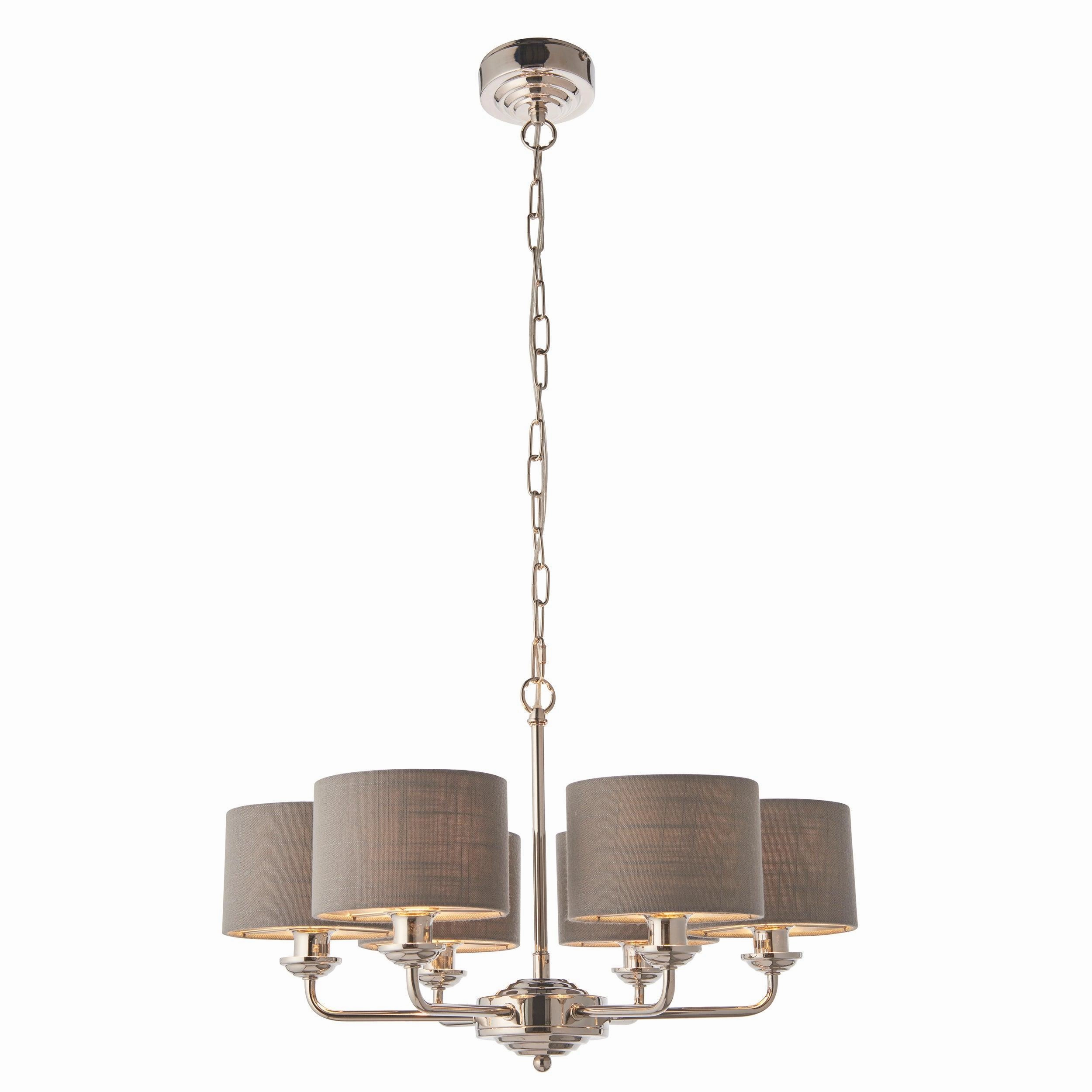 Endon Highclere Bright Nickel 6 Arm Pendant - Charcoal Shades