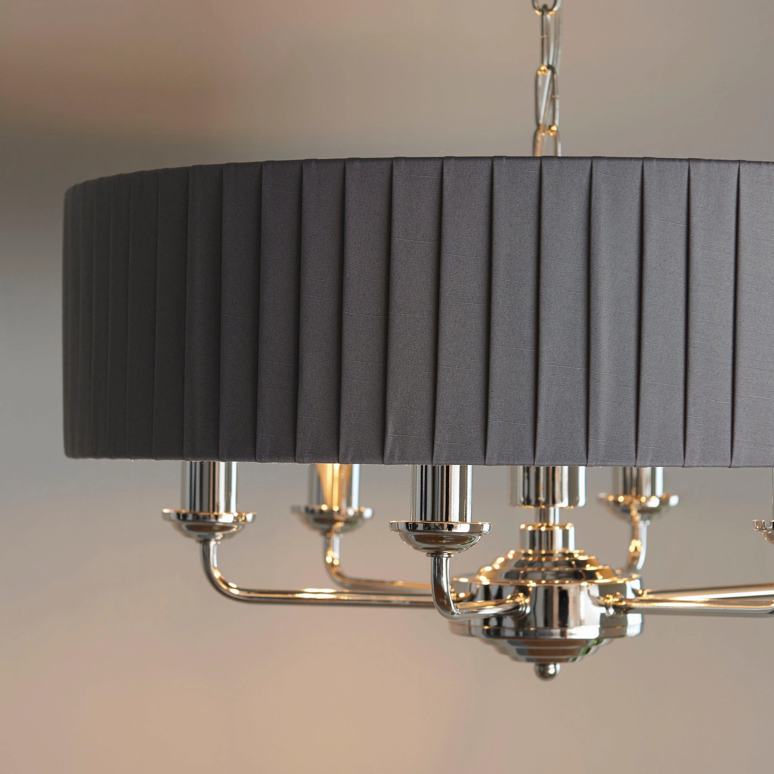 Endon Highclere Bright Nickel 6 Light Pendant - Charcoal Pleated Shade