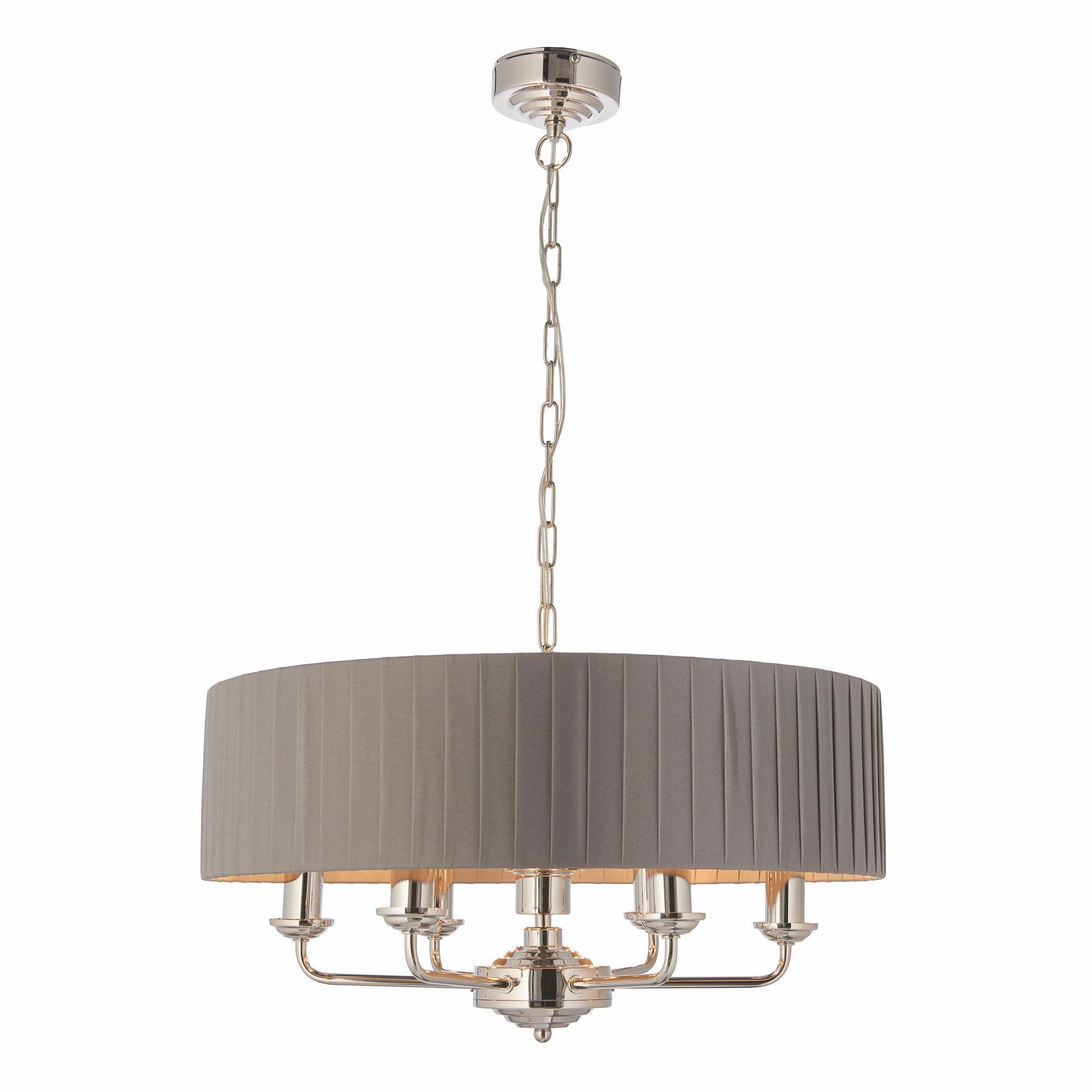 Endon Highclere Bright Nickel 6 Light Pendant - Charcoal Pleated Shade
