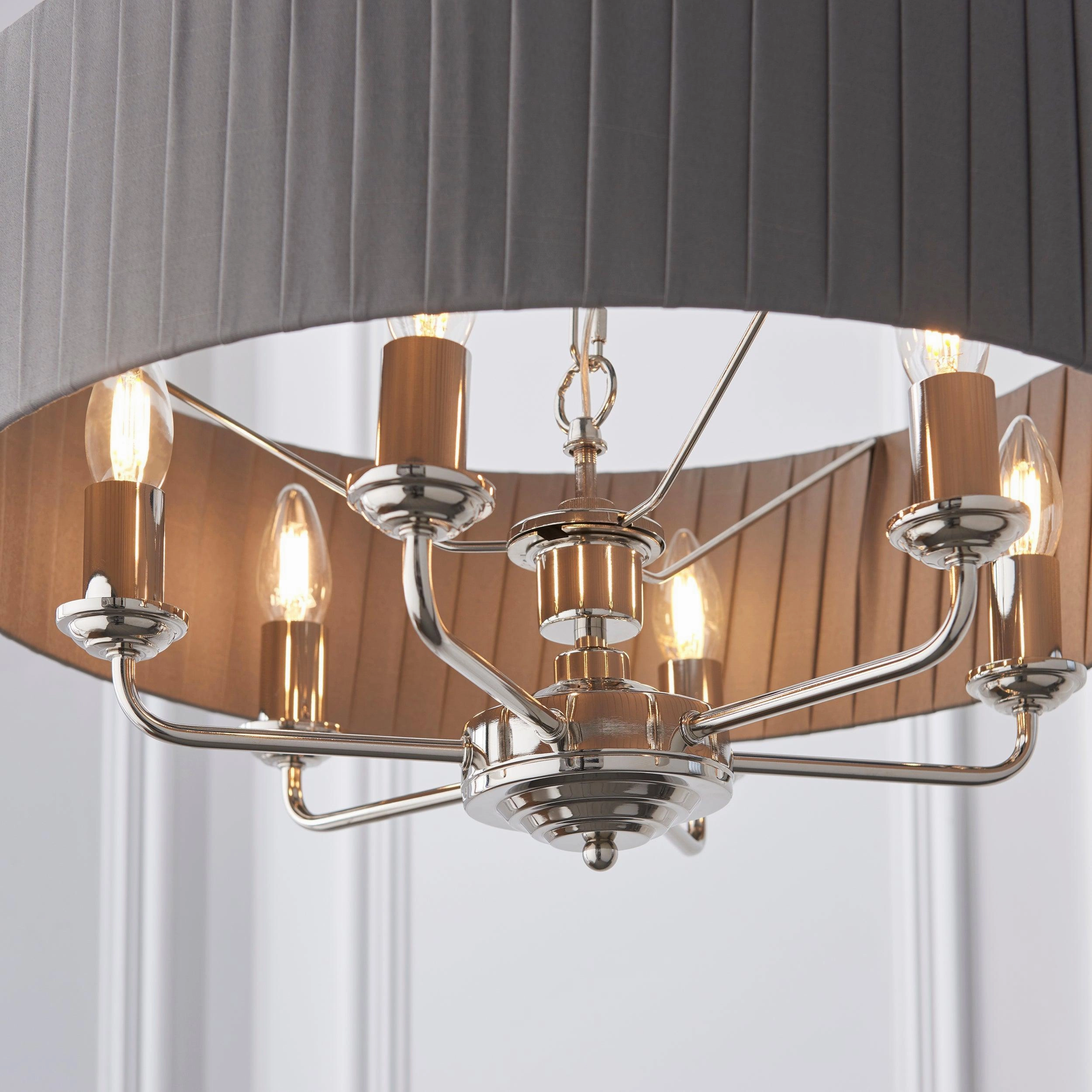 Endon Highclere Bright Nickel 6 Light Pendant - Charcoal Pleated Shade