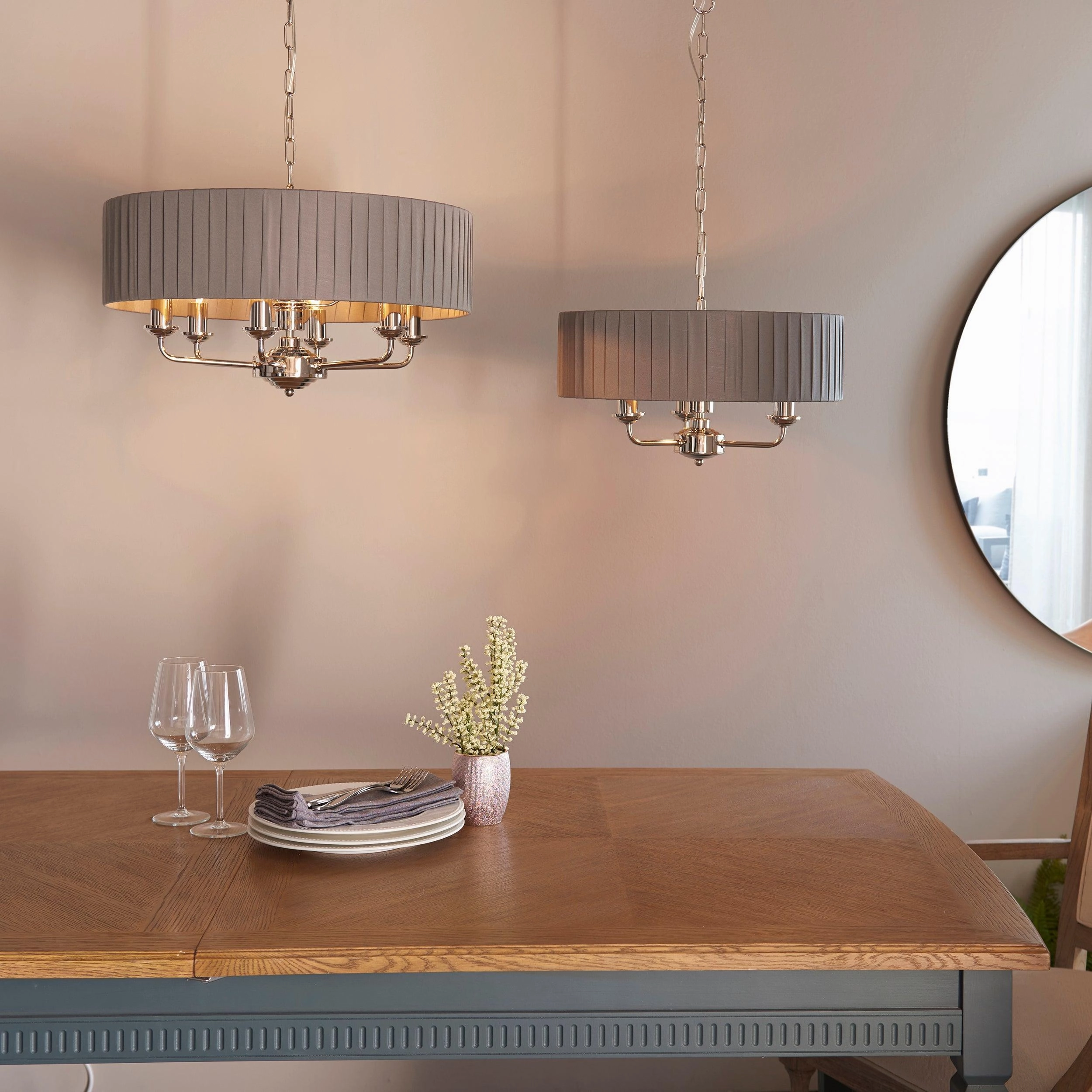 Endon Highclere Bright Nickel 6 Light Pendant - Charcoal Pleated Shade