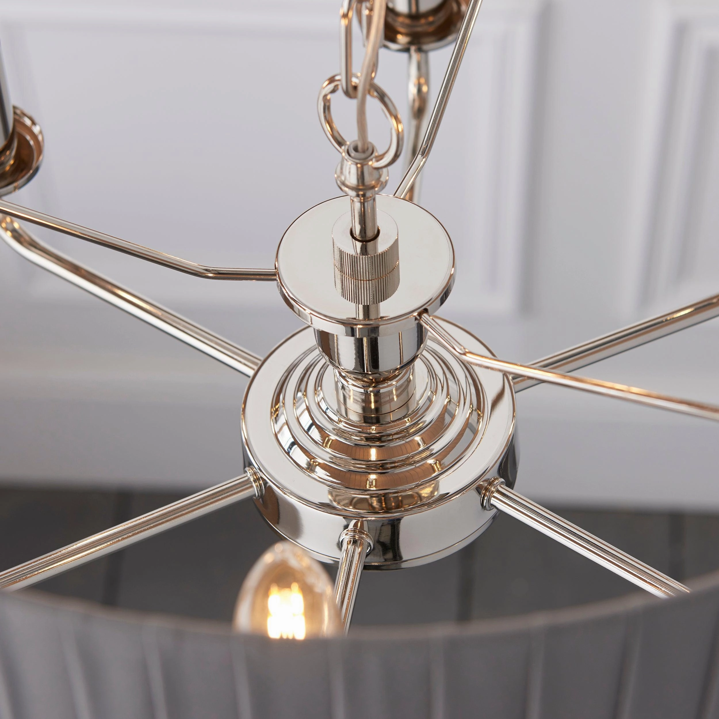 Endon Highclere Bright Nickel 6 Light Pendant - Charcoal Pleated Shade