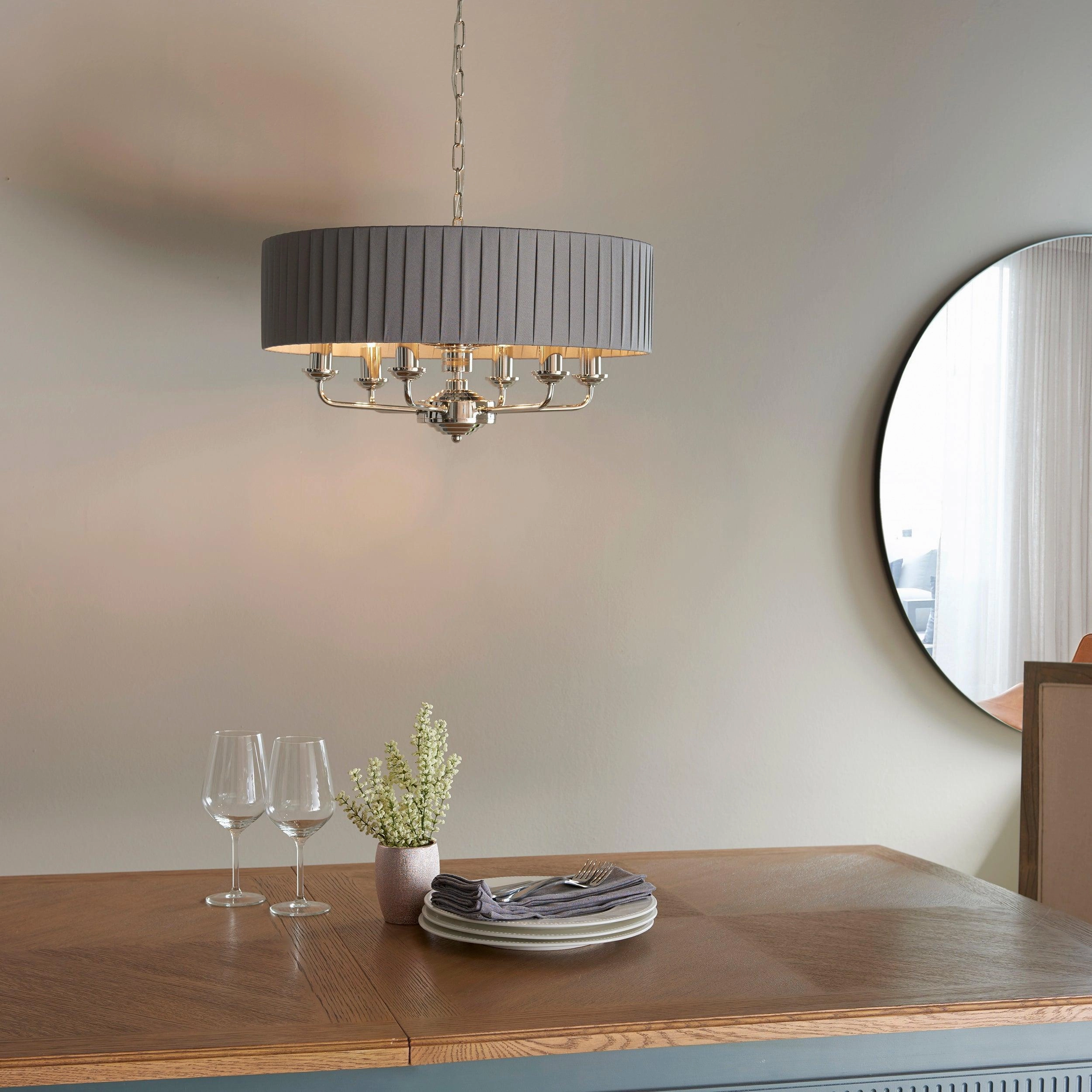 Endon Highclere Bright Nickel 6 Light Pendant - Charcoal Pleated Shade