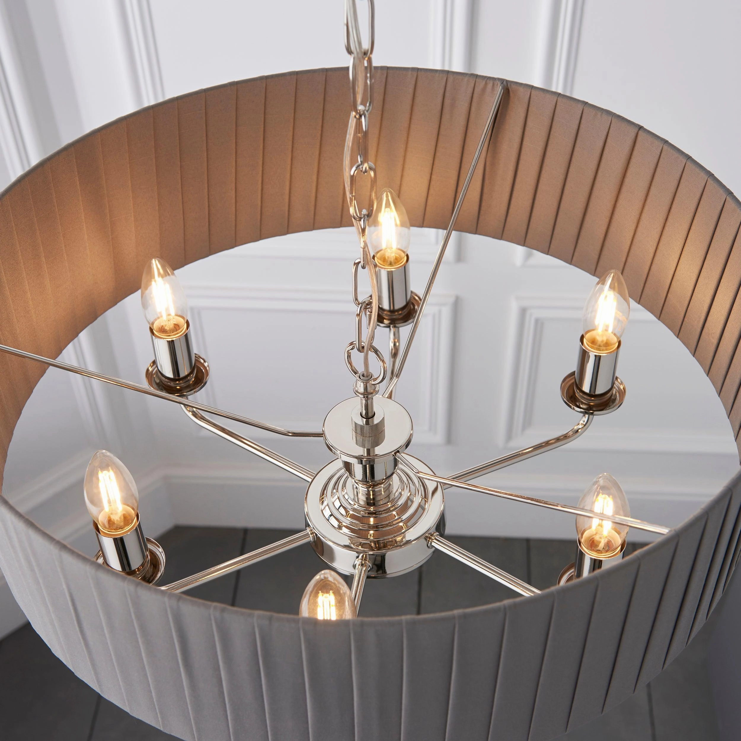 Endon Highclere Bright Nickel 6 Light Pendant - Charcoal Pleated Shade