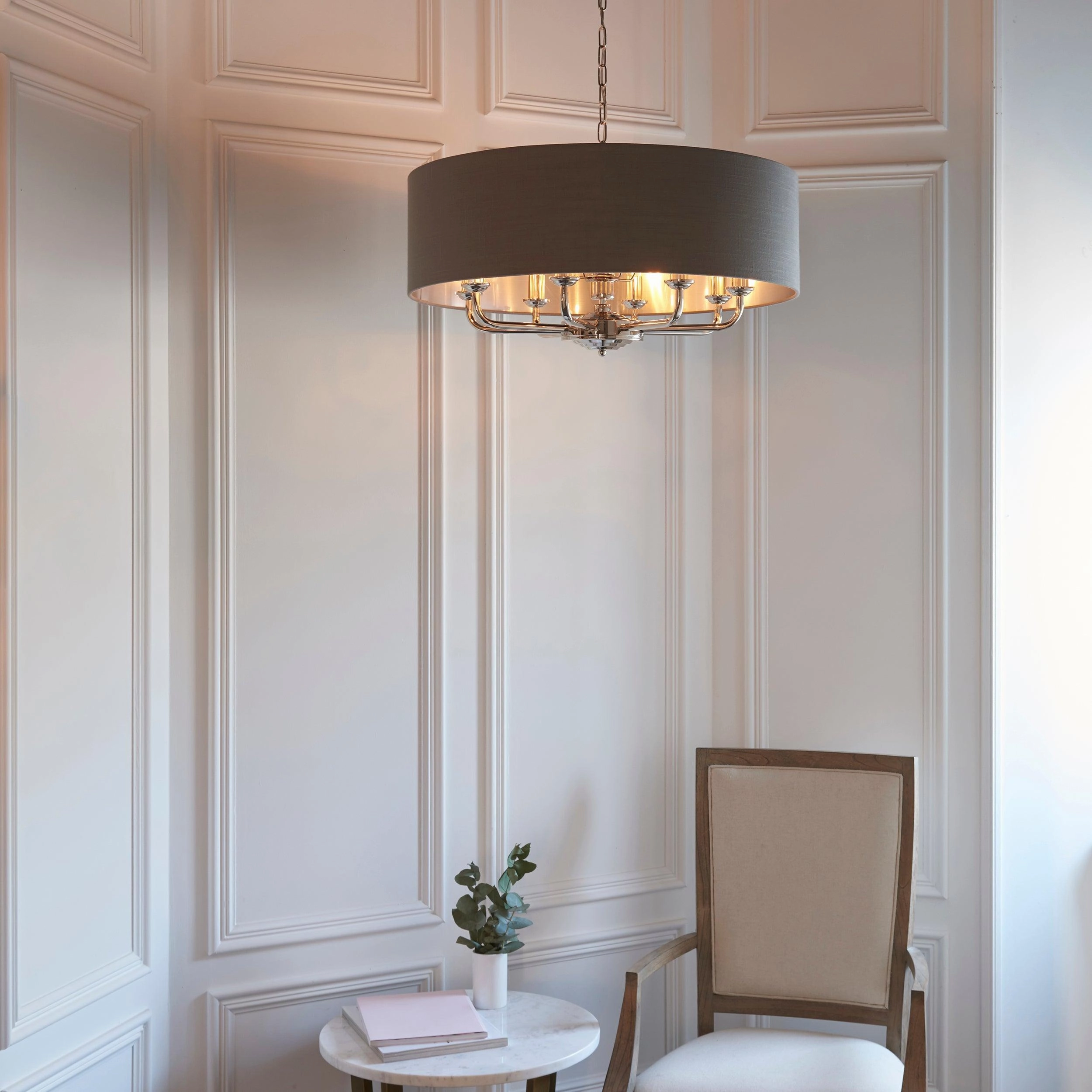 Endon Highclere Bright Nickel 6 Light Pendant - Charcoal Shade