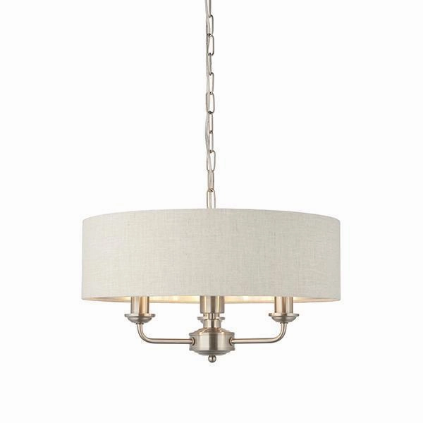 Endon Highclere Brushed Chrome 3 Light Pendant - Natural Linen Shade