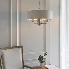Endon Highclere Brushed Chrome 3 Light Pendant - Natural Linen Shade modern ceiling lamp