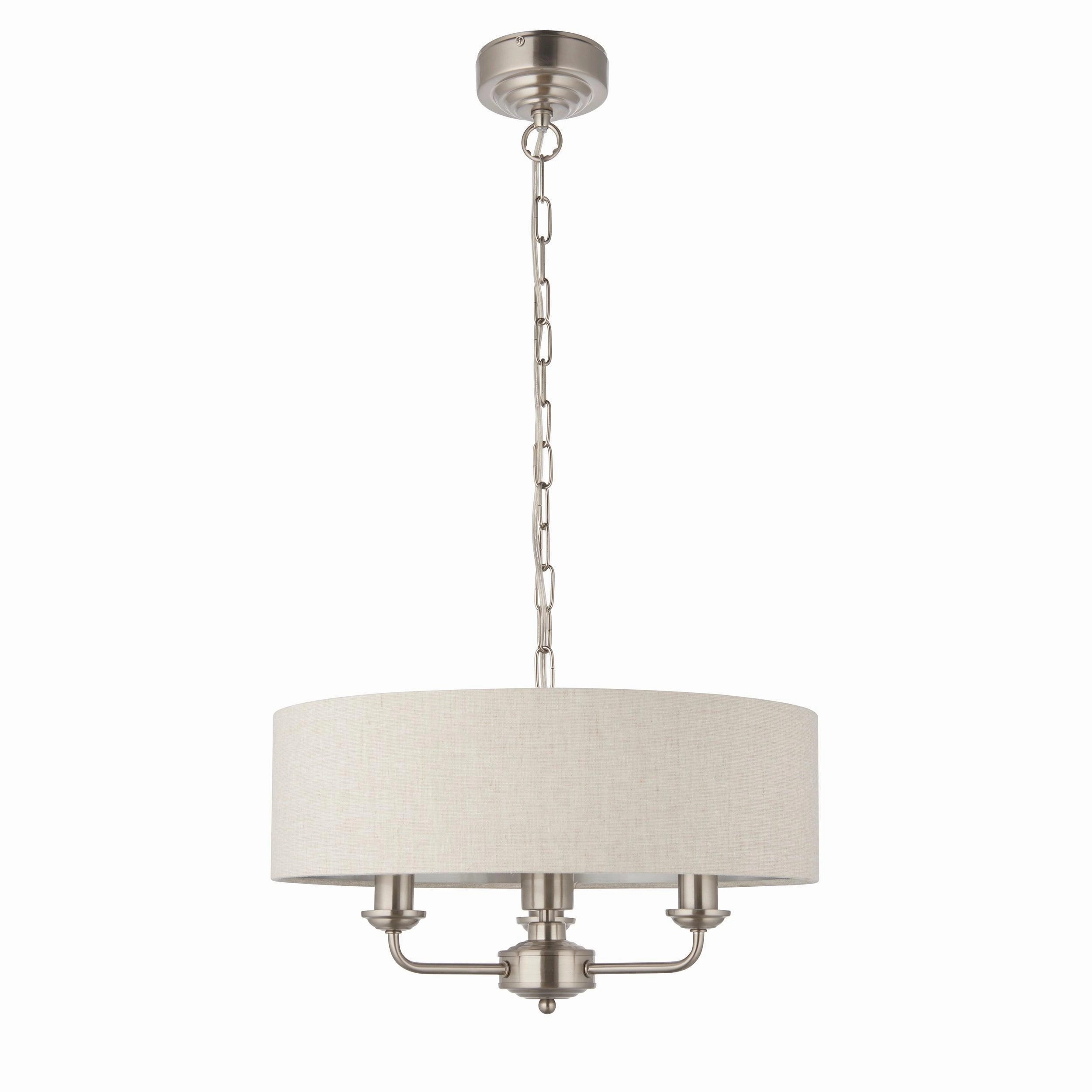 Endon Highclere Brushed Chrome 3 Light Pendant - Natural Linen Shade