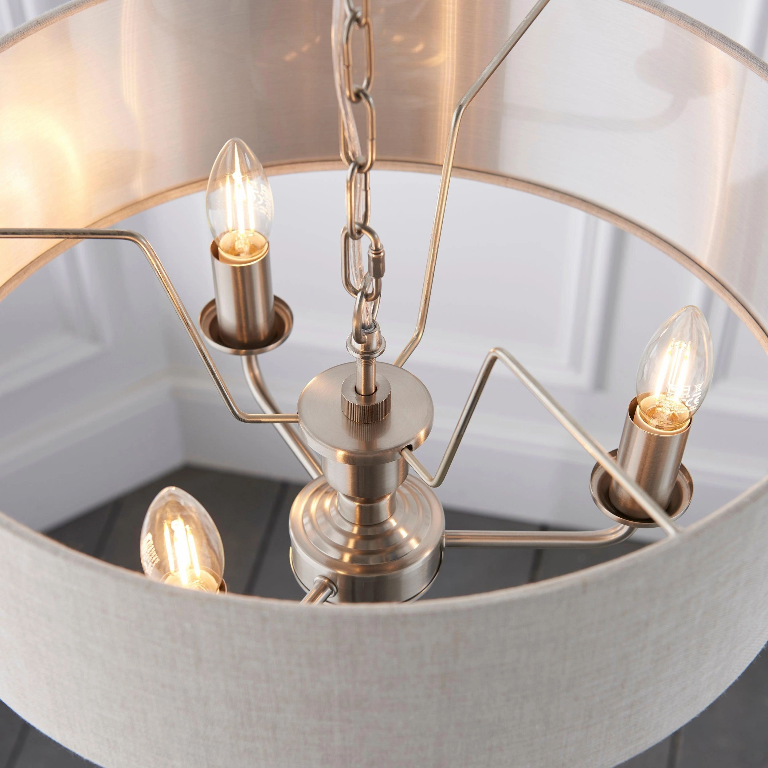 Endon Highclere Brushed Chrome 3 Light Pendant - Natural Linen Shade