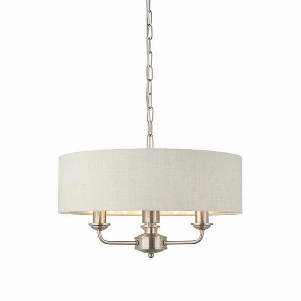 Endon Highclere Brushed Chrome 3 Light Pendant - Natural Linen Shade