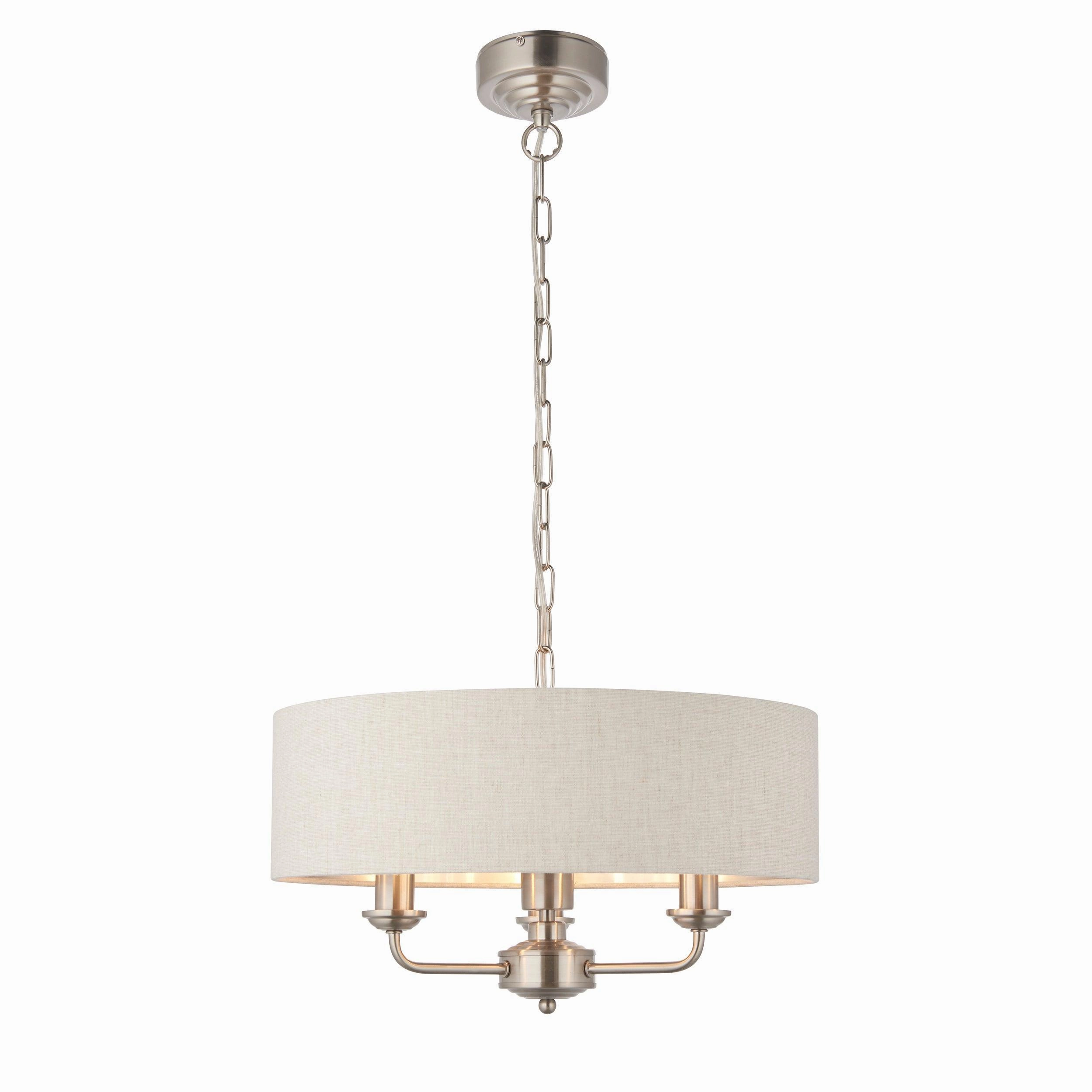 Endon Highclere Brushed Chrome 3 Light Pendant - Natural Linen Shade