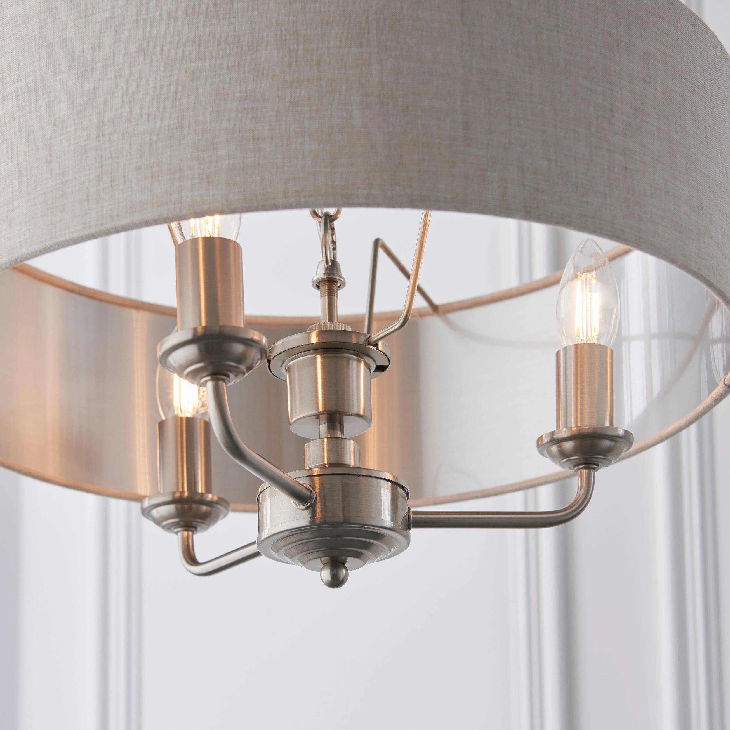 Endon Highclere Brushed Chrome 3 Light Pendant - Natural Linen Shade