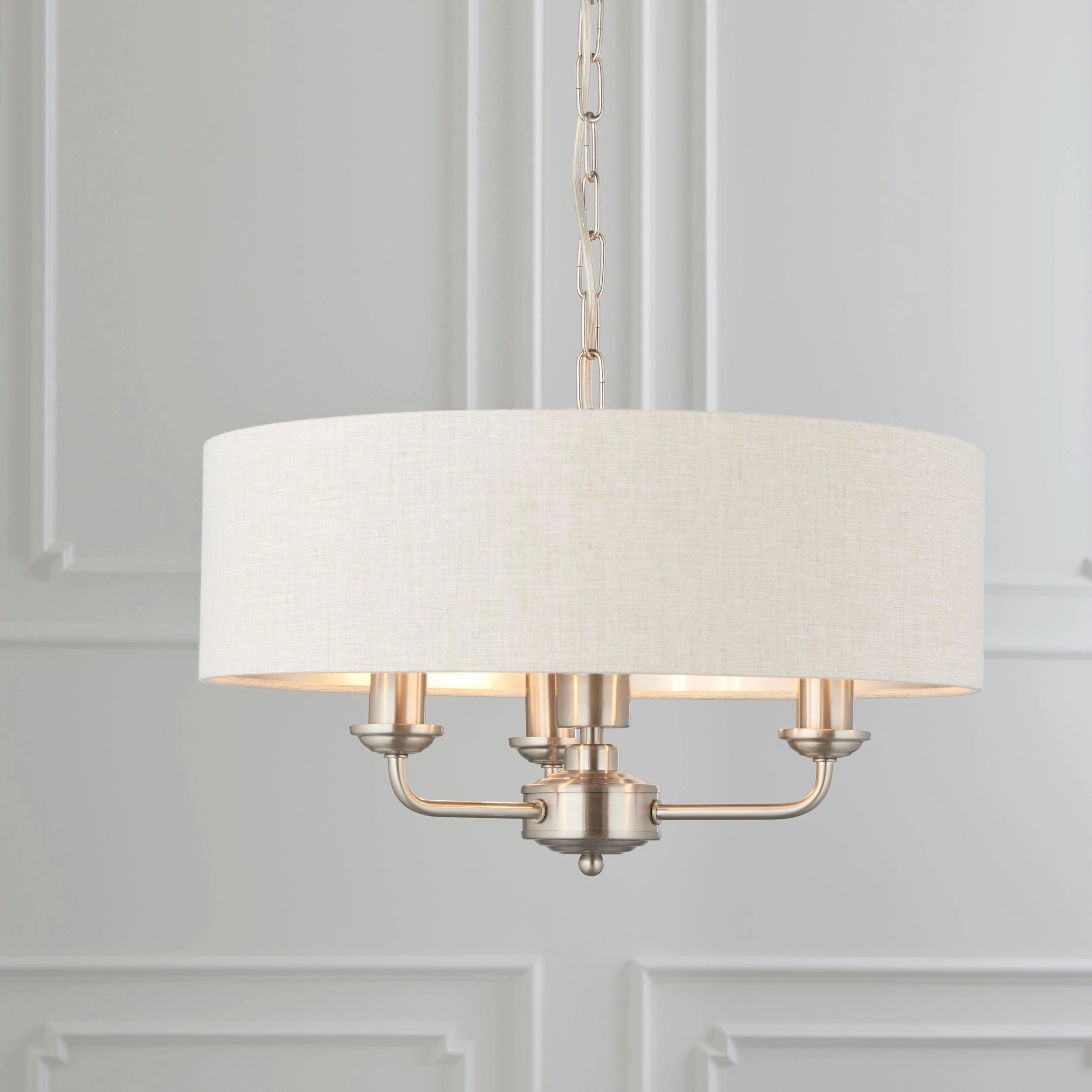 Endon Highclere Brushed Chrome 3 Light Pendant - Natural Linen Shade