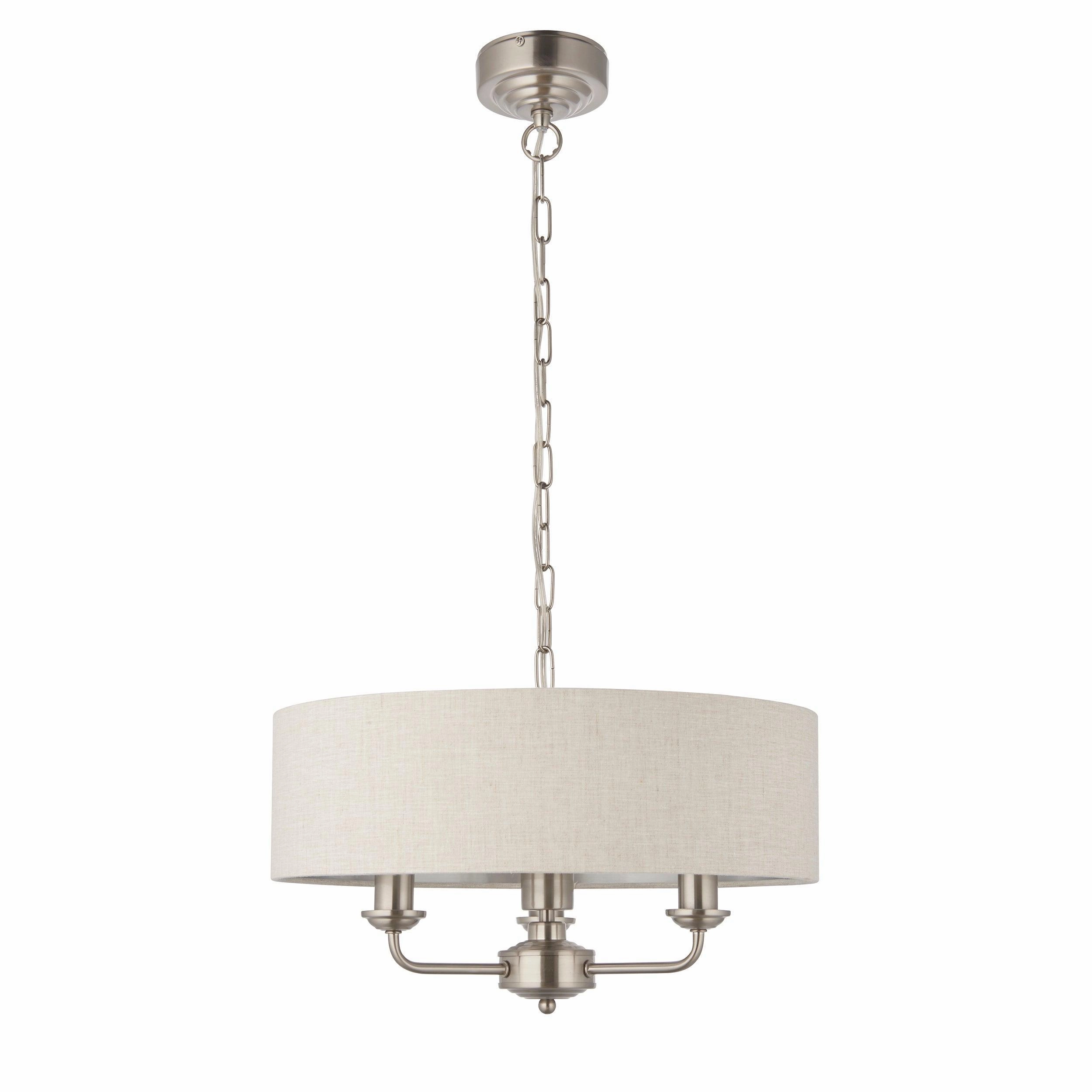 Endon Highclere Brushed Chrome 3 Light Pendant - Natural Linen Shade
