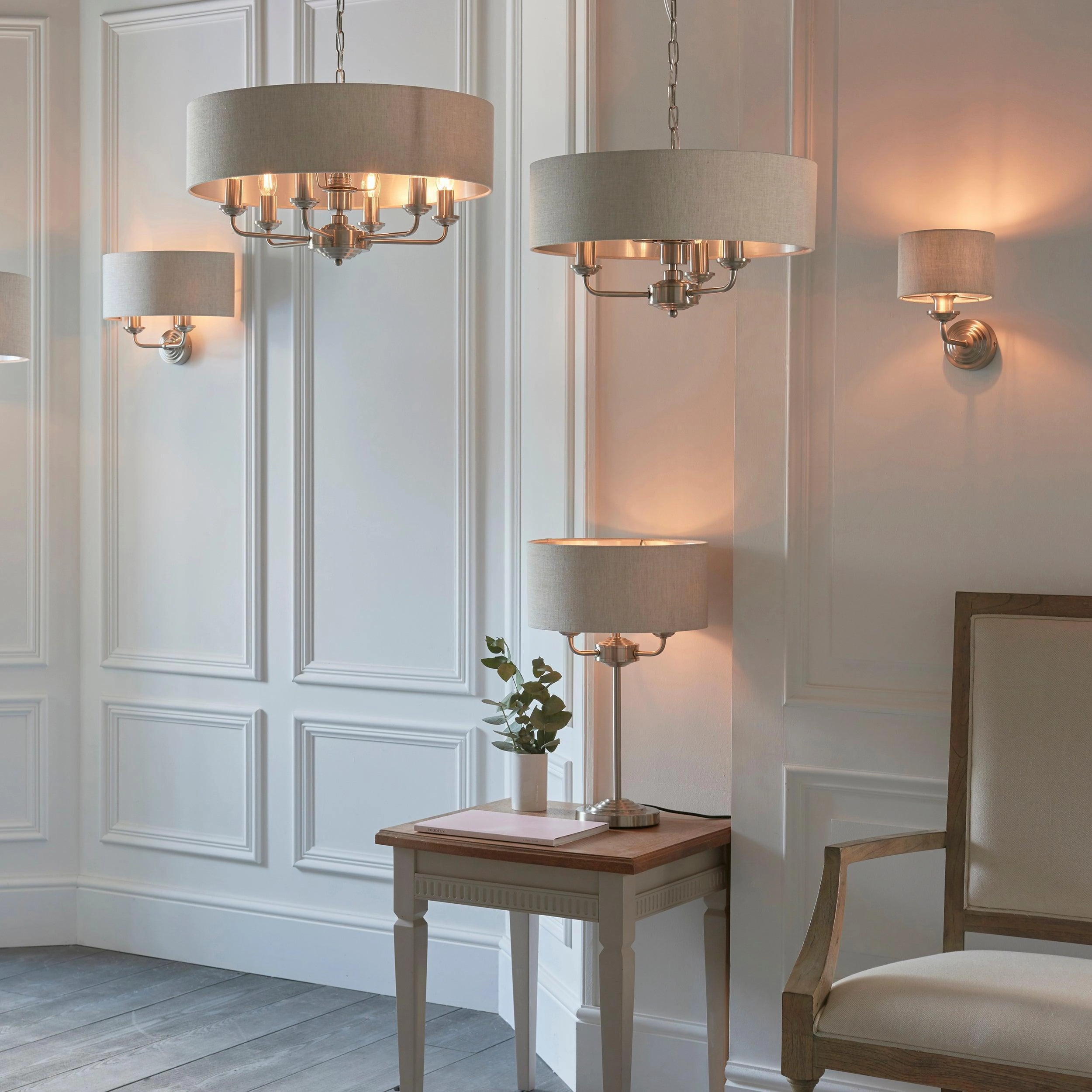 Endon Highclere Brushed Chrome 3 Light Pendant - Natural Linen Shade