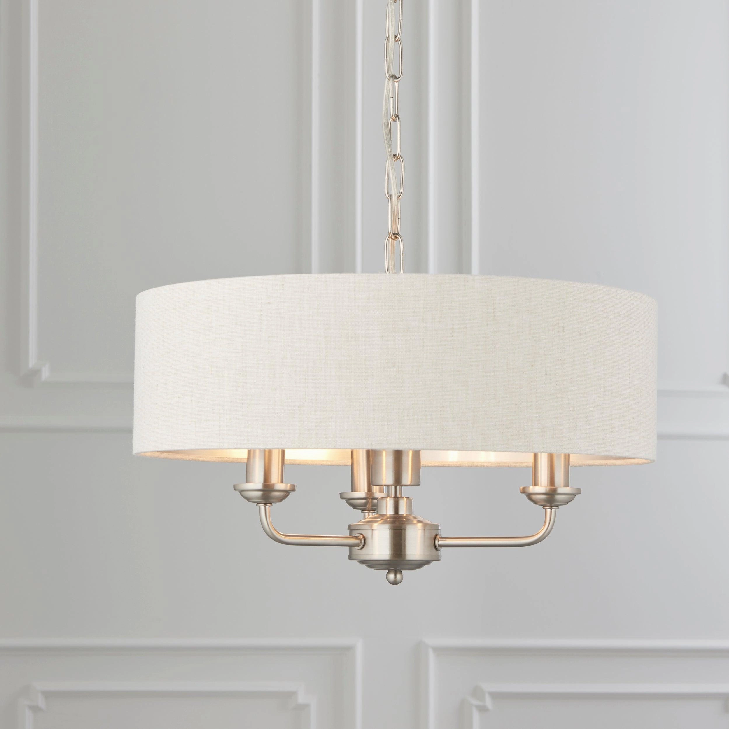 Endon Highclere Brushed Chrome 3 Light Pendant - Natural Linen Shade